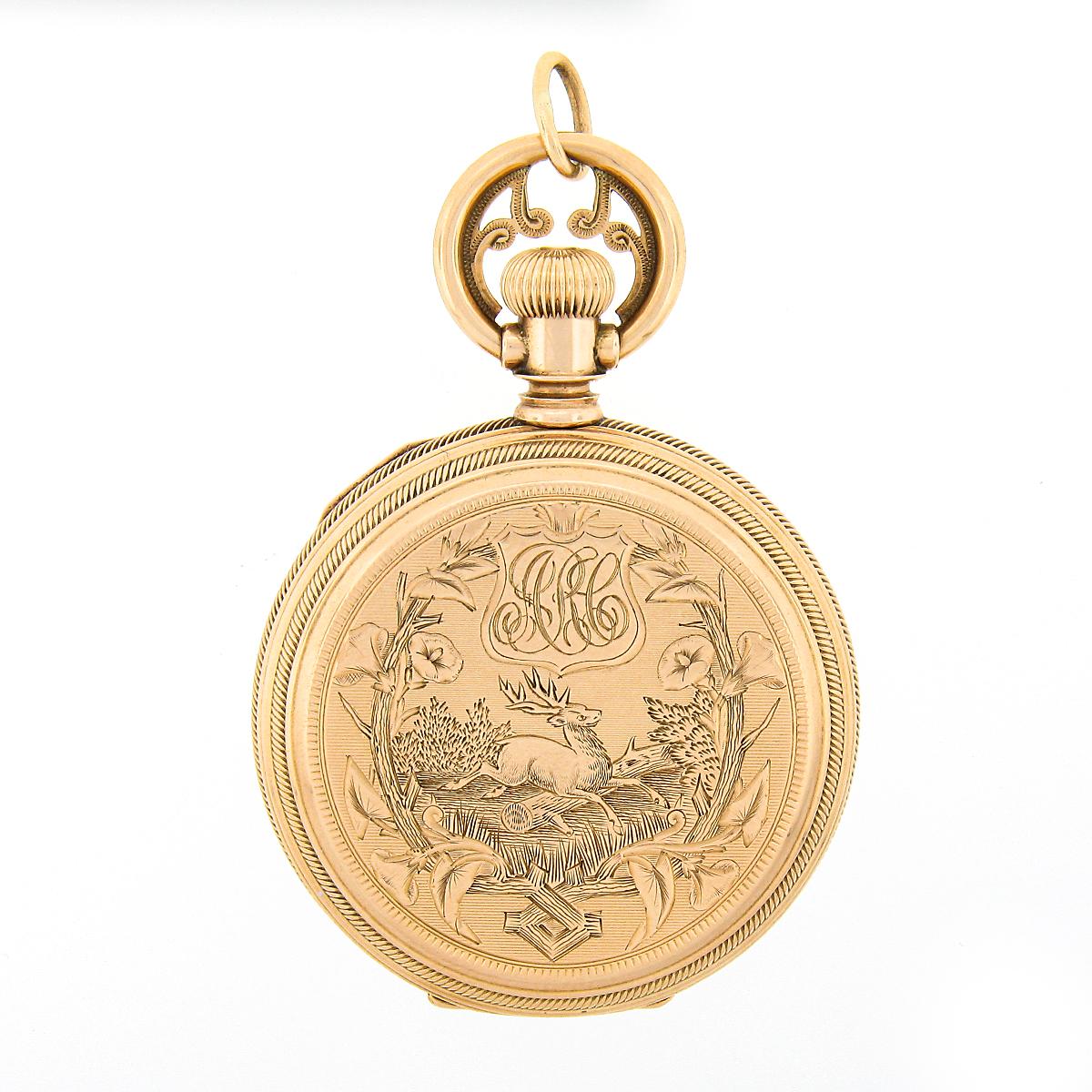 Waltham A.W. Co. Pocket Watch in Detailed Nature Themed Engraved 14k Yellow Gold 1