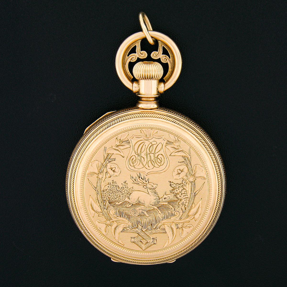Waltham A.W. Co. Pocket Watch in Detailed Nature Themed Engraved 14k Yellow Gold 2
