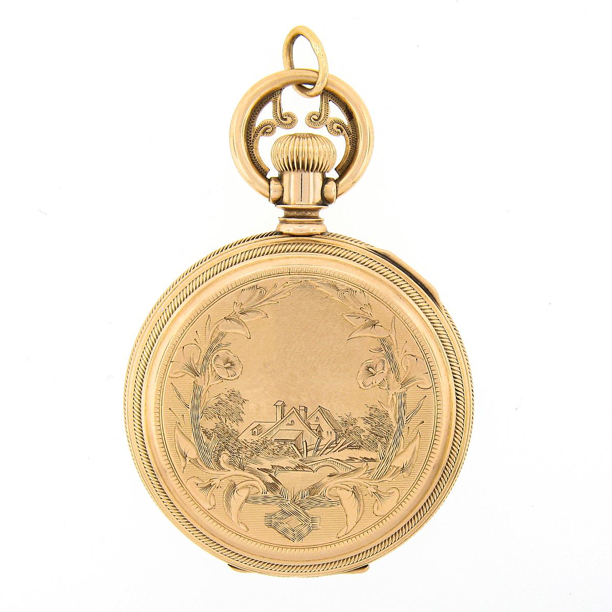 Waltham A.W. Co. Pocket Watch in Detailed Nature Themed Engraved 14k Yellow Gold 3
