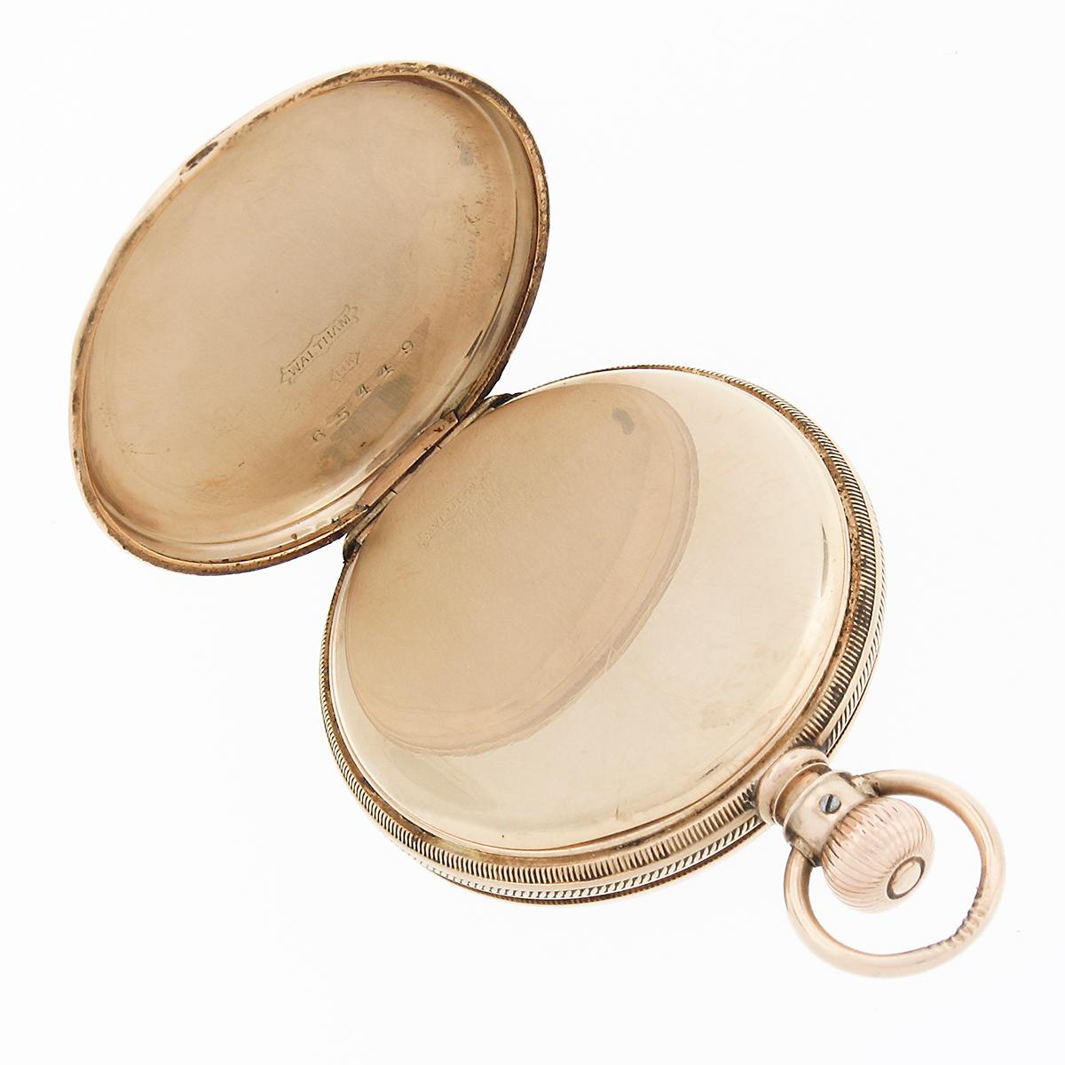 Reloj de bolsillo Waltham A.W.W. Co. 13j 6s de palanca en caja de cazador de oro grabado de 14 quilates en Bueno estado para la venta en Montclair, NJ