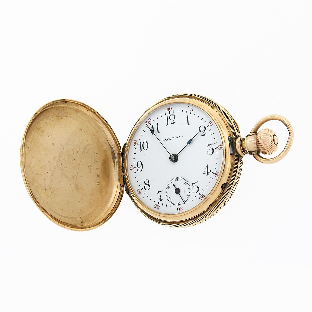 Femenino o masculino Reloj de bolsillo Waltham A.W.W. Co. 13j 6s de palanca en caja de cazador de oro grabado de 14 quilates en venta