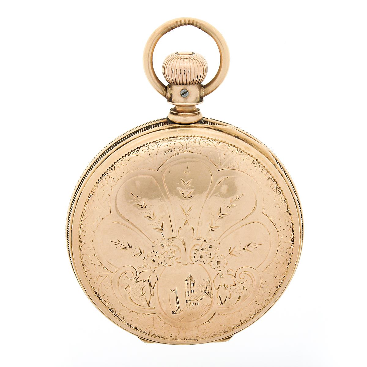 Reloj de bolsillo Waltham A.W.W. Co. 13j 6s de palanca en caja de cazador de oro grabado de 14 quilates en venta 2