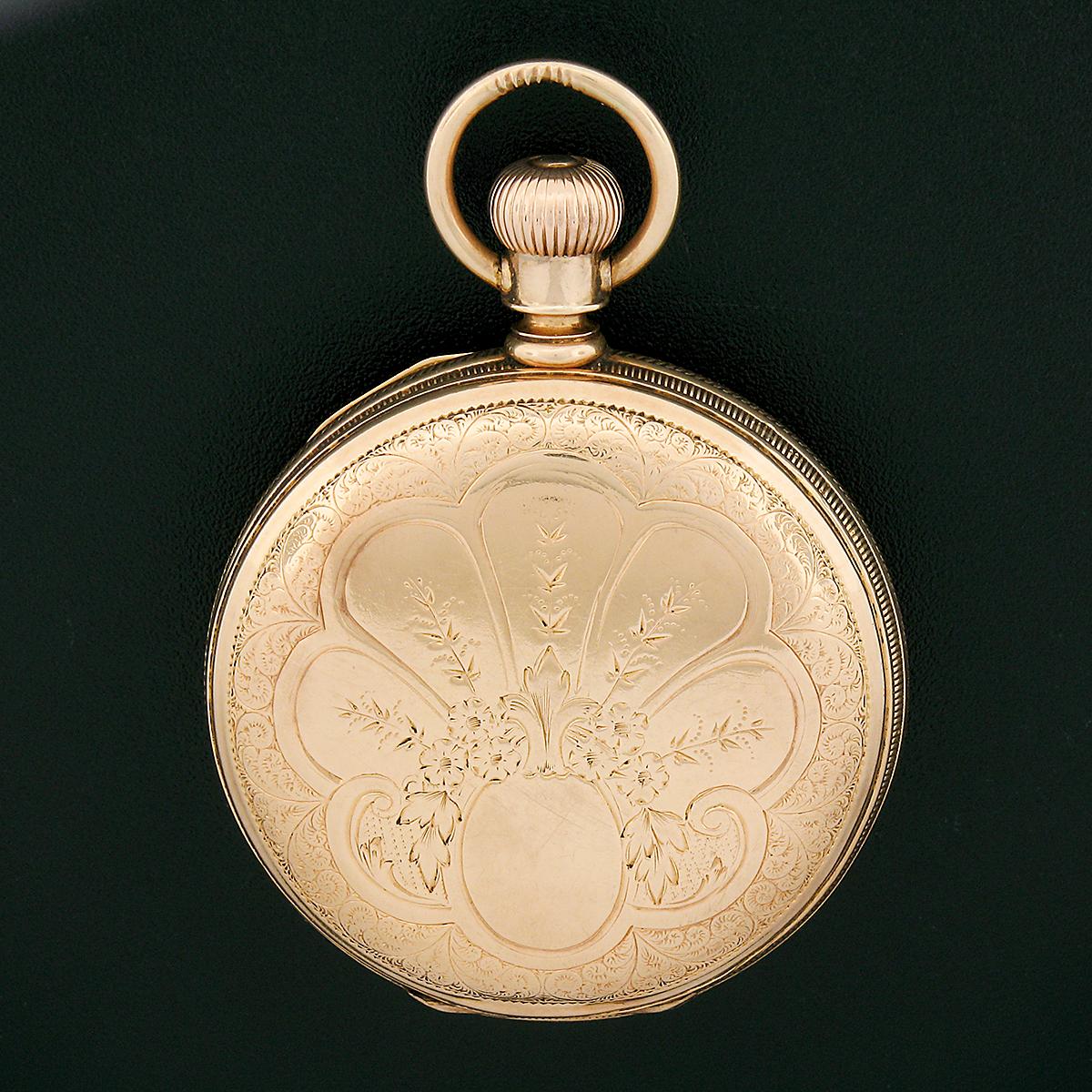Reloj de bolsillo Waltham A.W.W. Co. 13j 6s de palanca en caja de cazador de oro grabado de 14 quilates en venta 3