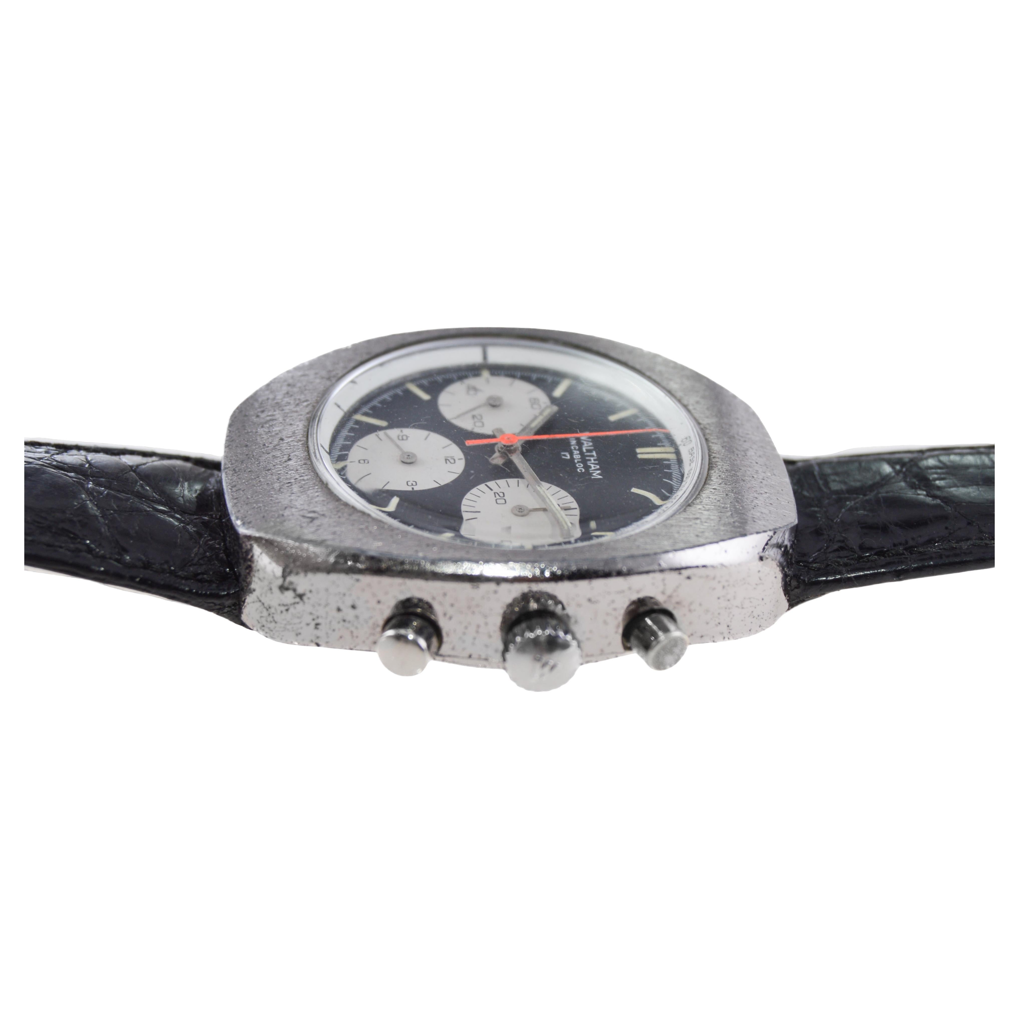 Waltham Chromium Tonneau Shaped Three Register Chronograph Manual Watch For Sale 3