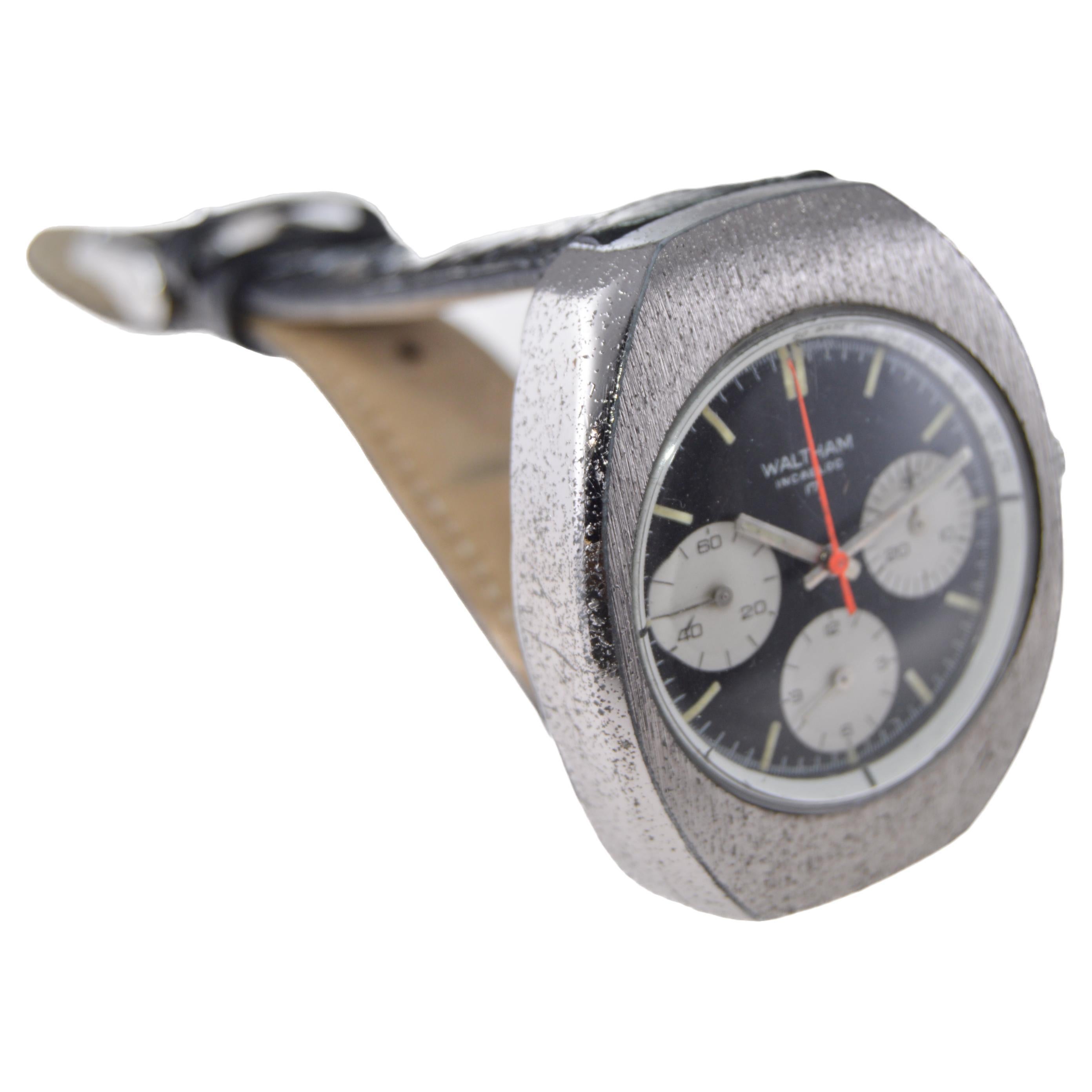 Modern Waltham Chromium Tonneau Shaped Three Register Chronograph Manual Watch For Sale
