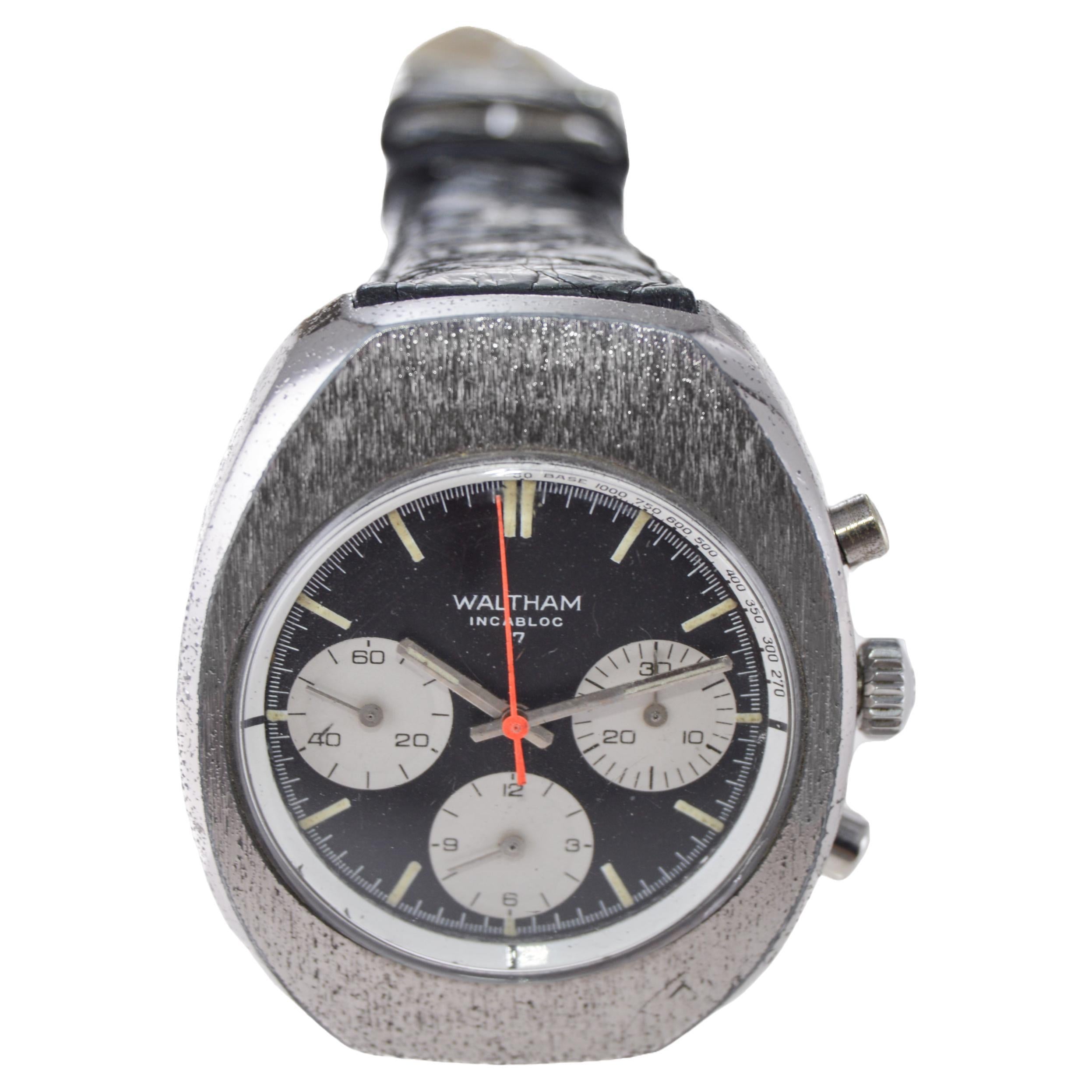 Waltham Chromium Tonneau Shaped Three Register Chronograph Manual Watch In Good Condition For Sale In Long Beach, CA