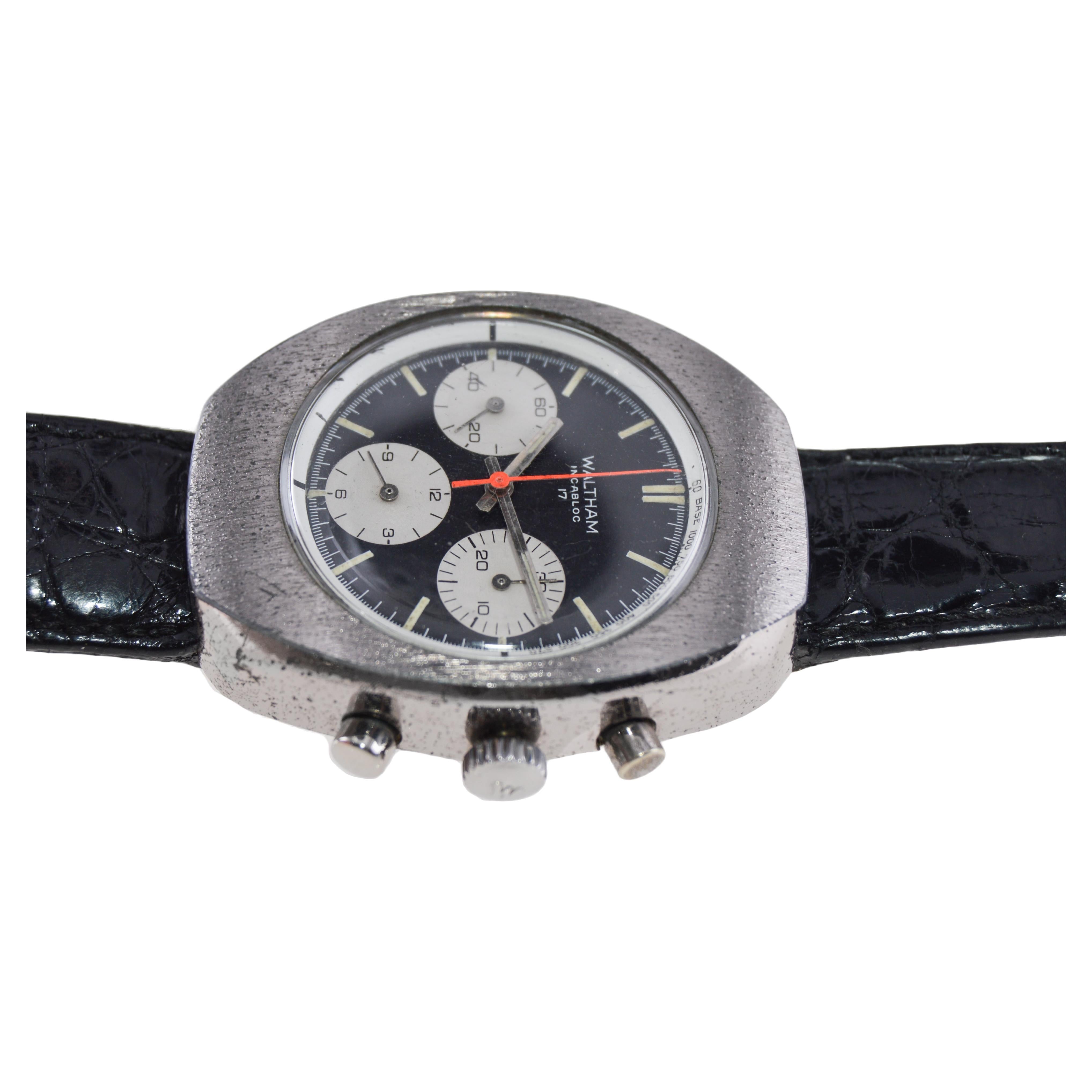 Waltham Chromium Tonneau Shaped Three Register Chronograph Manual Watch For Sale 2