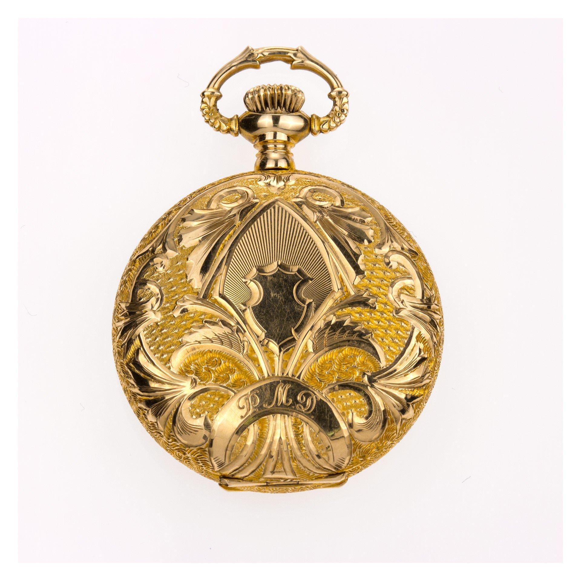 American Waltham Royal hunter case pocket watch, 7 jewels, porcelain dial and spade hands in 14k yellow gold pocket watch. 30mm. Manual w/ subseconds. Circa 1900s. Fine Pre-owned Waltham Watch.

Certified preowned Vintage Waltham pocket watch