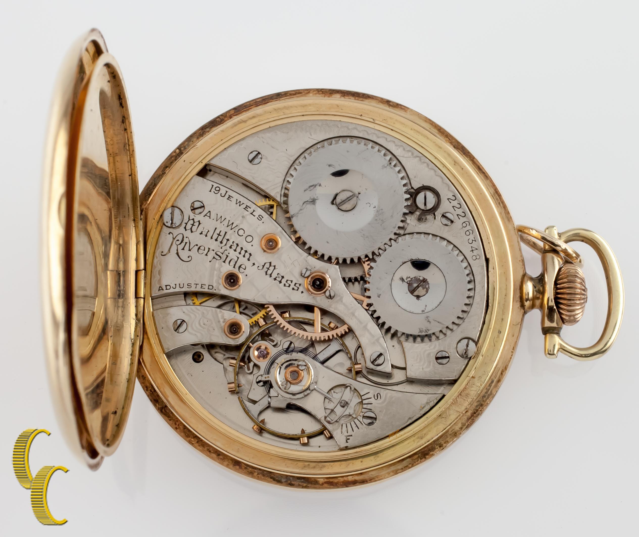 Beautiful Antique Waltham Pocket Watch w/ Gold Color Dial Including Blue Hands & Dedicated Second Dial
14K Yellow Gold Case w/ No design on Case
Black Arabic Numerals
Case Serial # 54417
19-Jewel Waltham Movement Serial # 22266348
Grade #