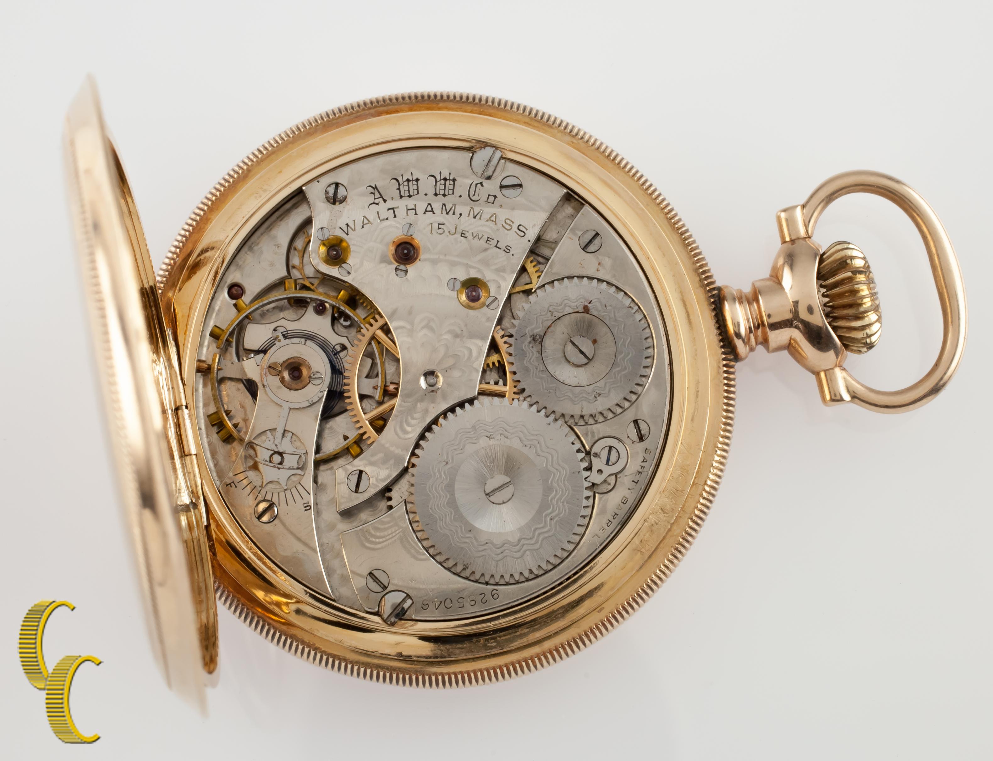Beautiful Antique Waltham Pocket Watch w/ White Dial Including Cobalt Blue Hands & Dedicated Second Dial
14k Yellow Gold Case w/ Intricate Guilloche Design on Case
Black Arabic Numerals
Case Serial #4583861
15-Jewel Waltham Movement Serial
