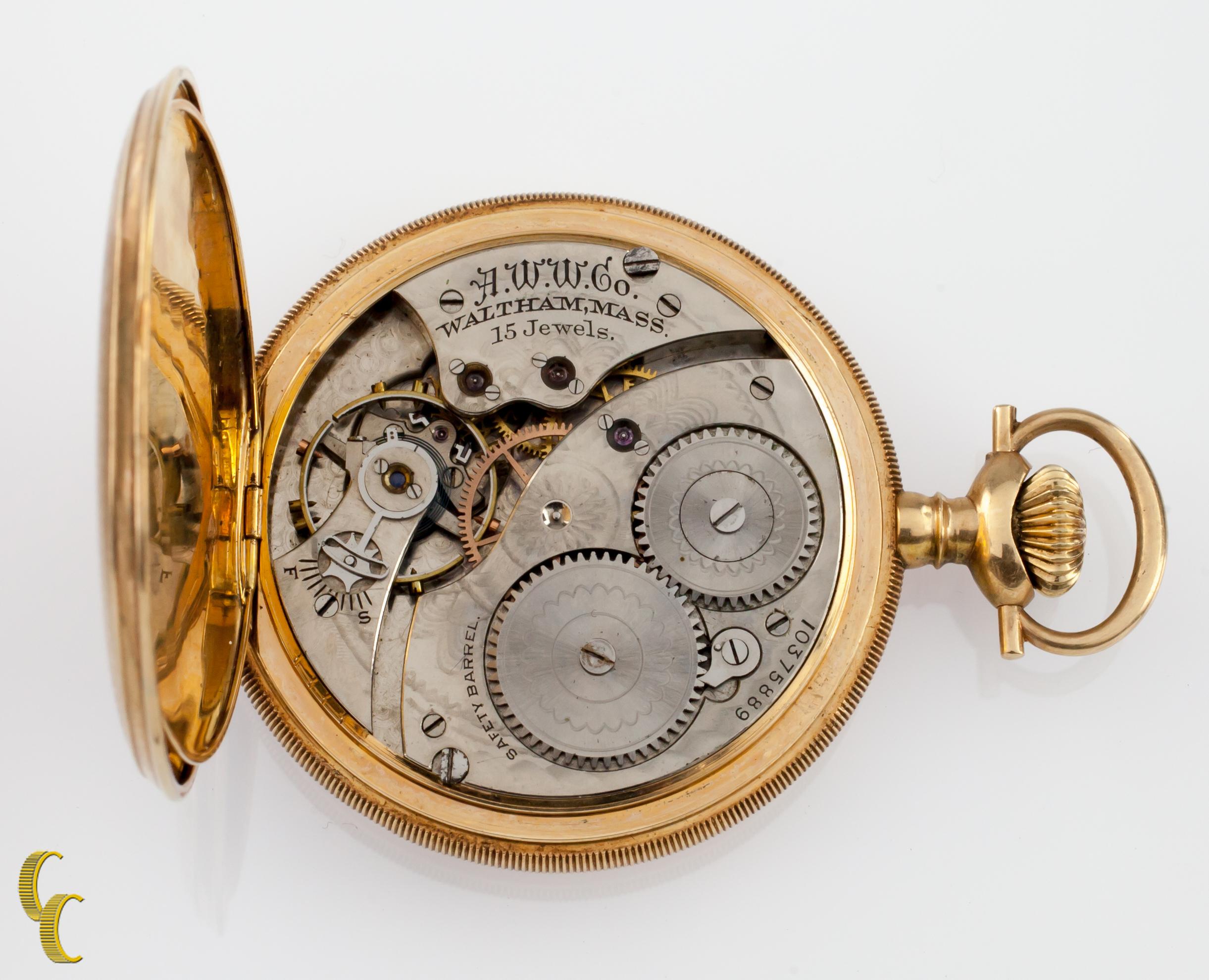 Beautiful Antique Waltham Pocket Watch w/ White Dial Including Cobalt Blue Hands & Dedicated Second Dial
14k Yellow Solid Gold Case w/ Intricate Guilloche Design on Reverse and Front of Case
Black Arabic Numerals
Case Serial #126614
15-Jewel Waltham