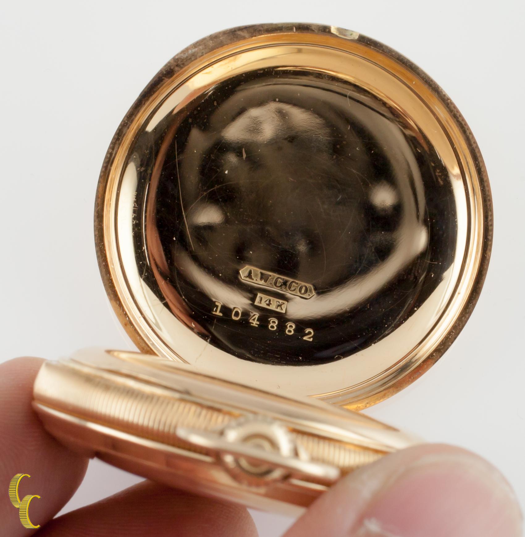 Waltham Full Hunter 14 Karat Yellow Gold Pocket Watch 15J Seaside, 1900 In Fair Condition In Sherman Oaks, CA