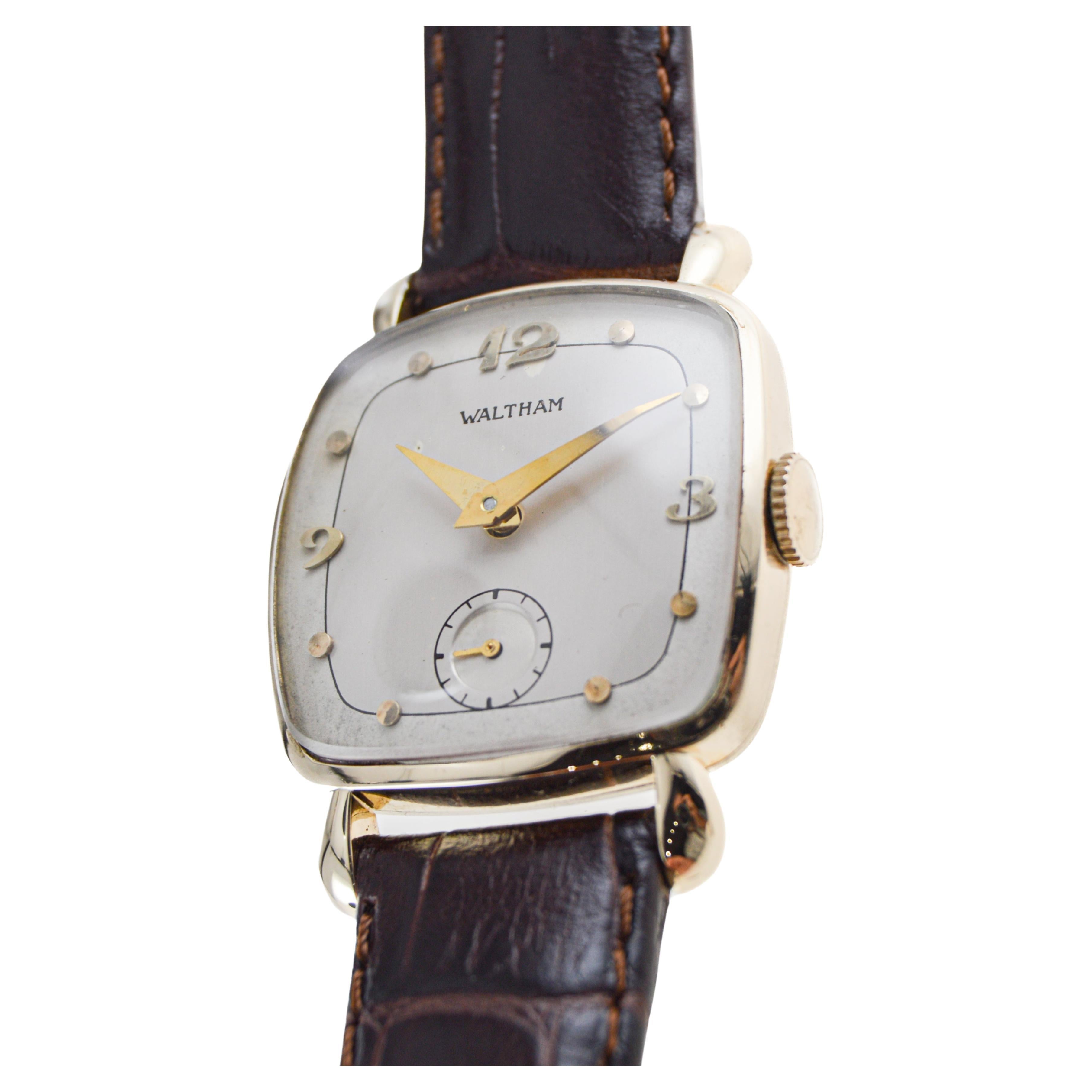 Women's or Men's Waltham Gold Filled Art Deco Cushion Shaped Watch with Original Dial from 1940's For Sale