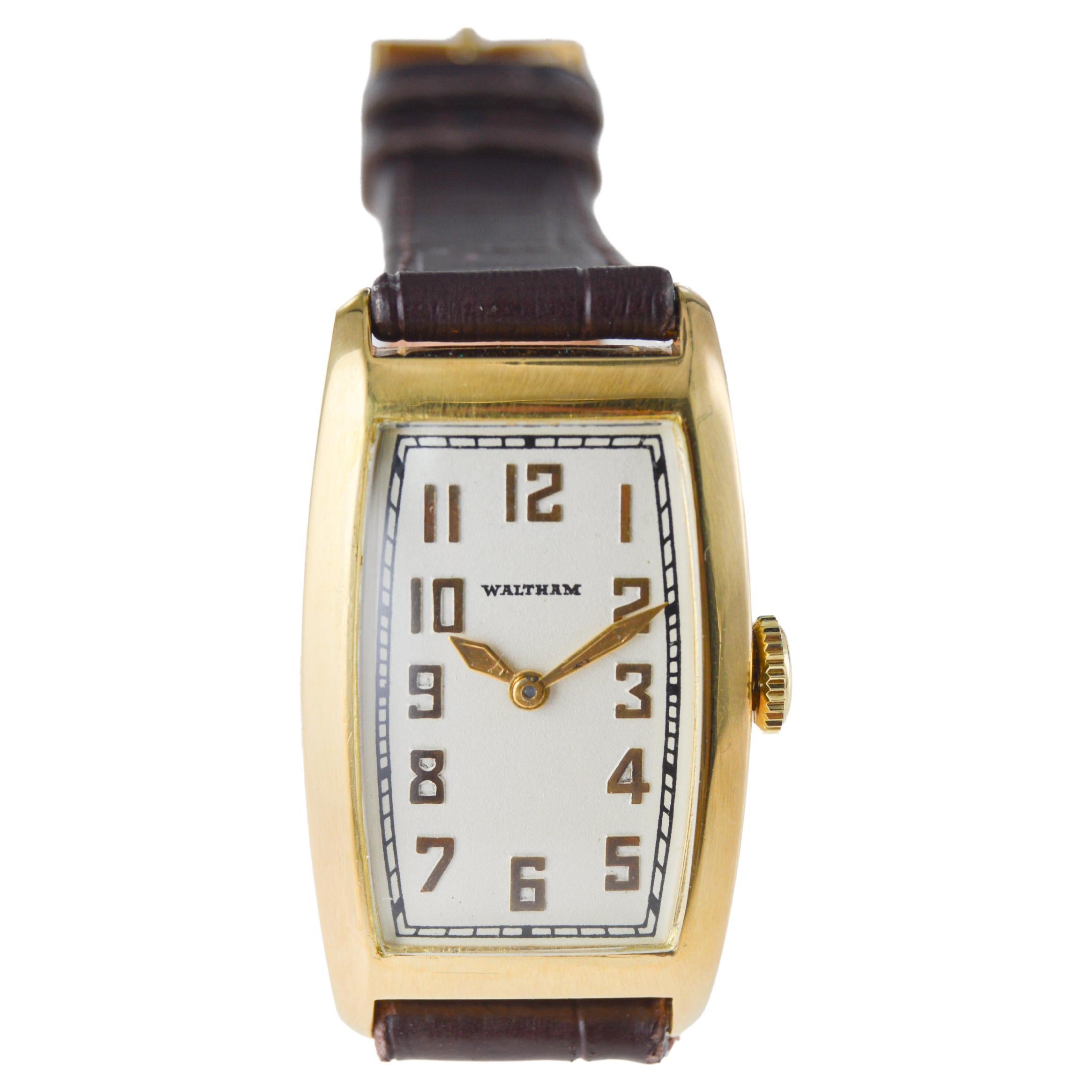 Women's or Men's Waltham Gold Filled Art Deco Tonneau Watch with Flawless Original Dial From 1934 For Sale