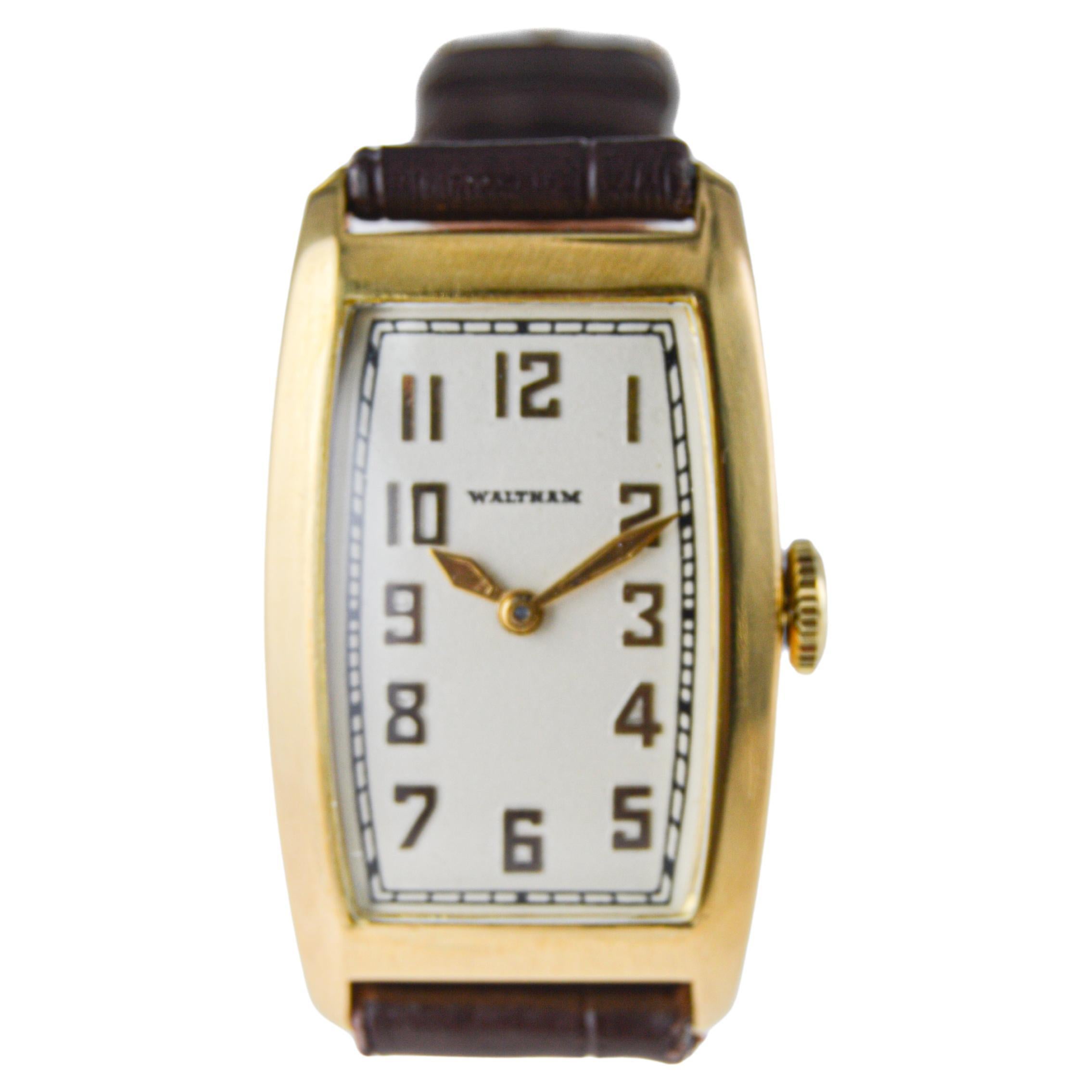 Women's or Men's Waltham Gold Filled Art Deco Tonneau Watch with Flawless Original Dial From 1934 For Sale