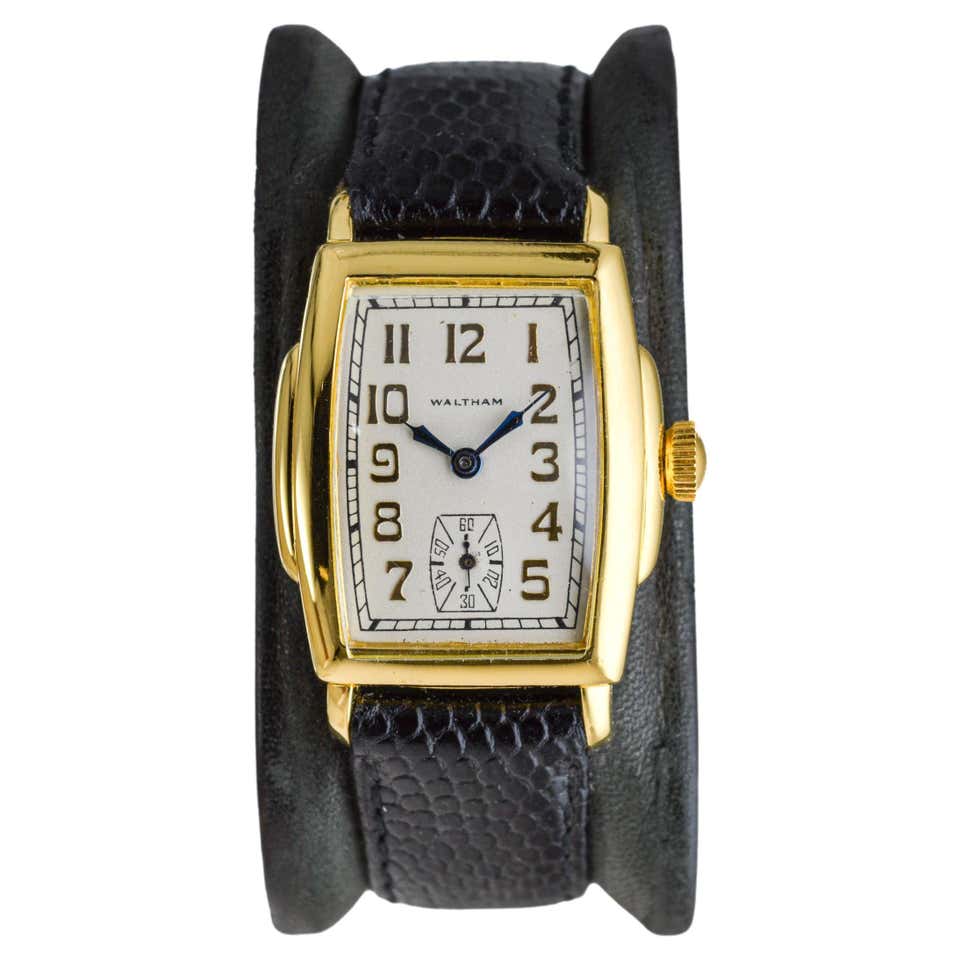 Gold Plated Rectangular Art Deco Style Watch w Crocodile Strap by ...
