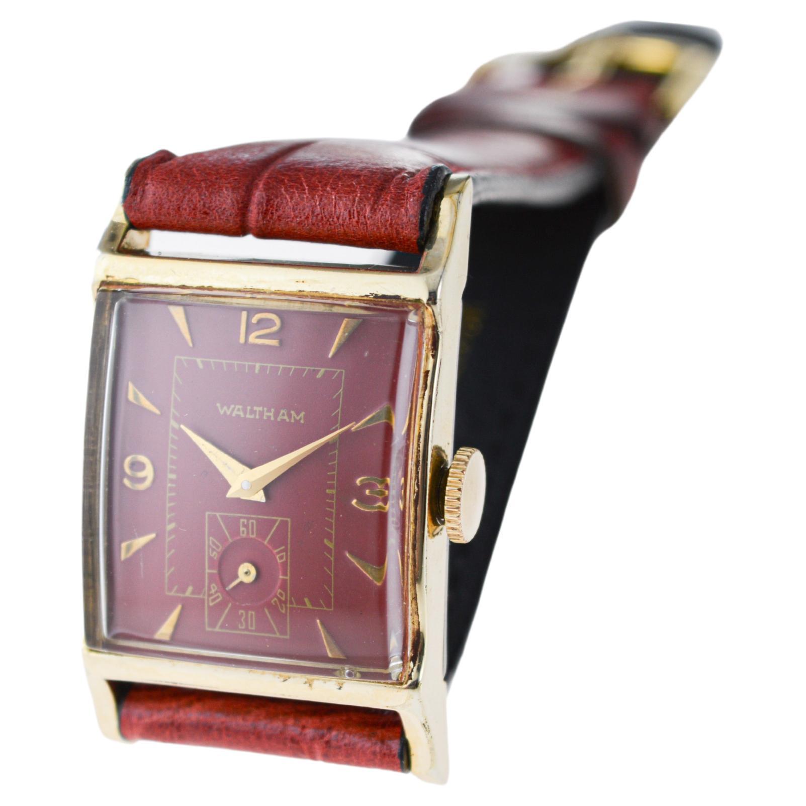 Waltham Gold-Filled Art Deco Watch with Custom Red Dial circa, 1950's For Sale 1