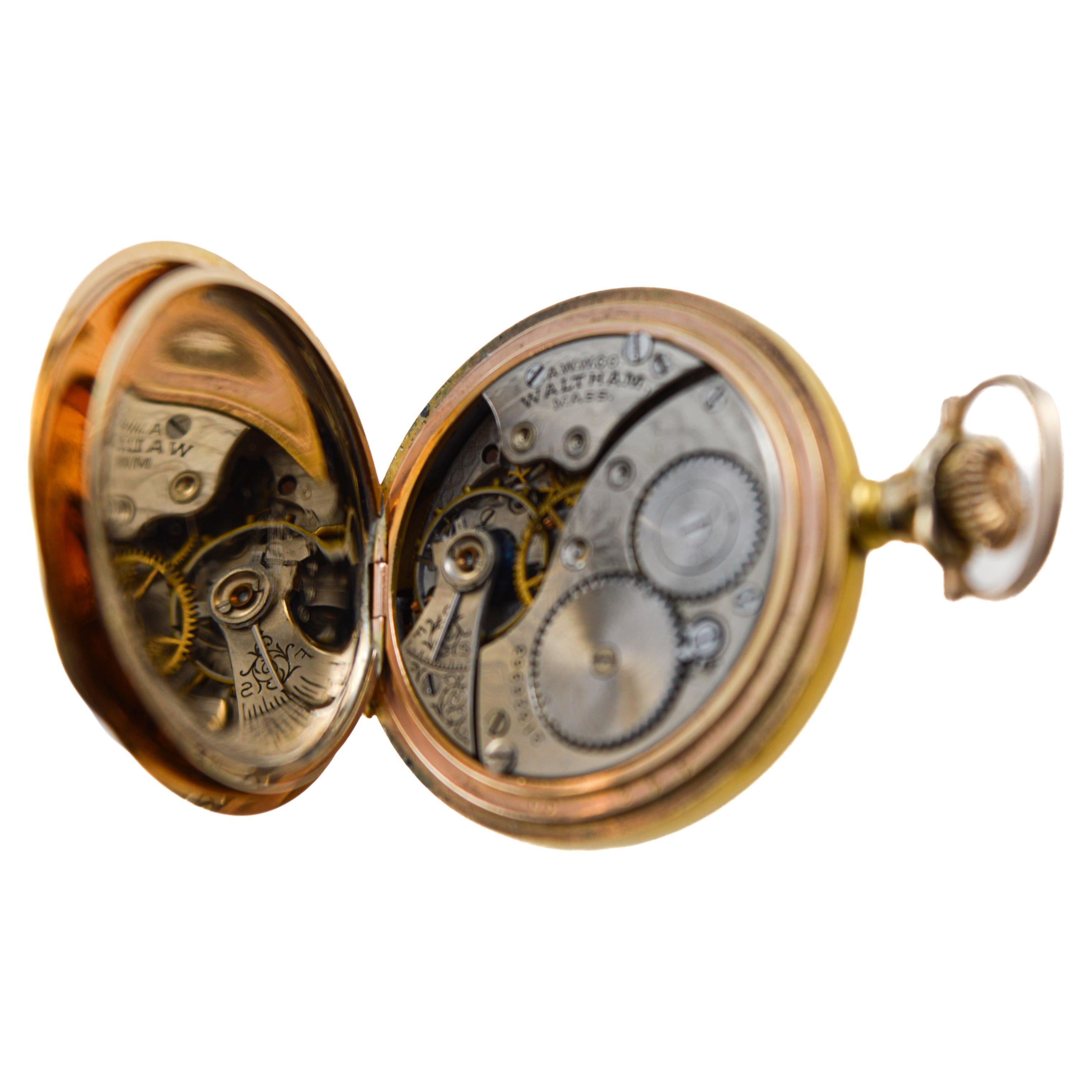 Waltham Gold-filled Hunters Case Pocket Watch circa 1896 with Rare Bloom Finish For Sale 10
