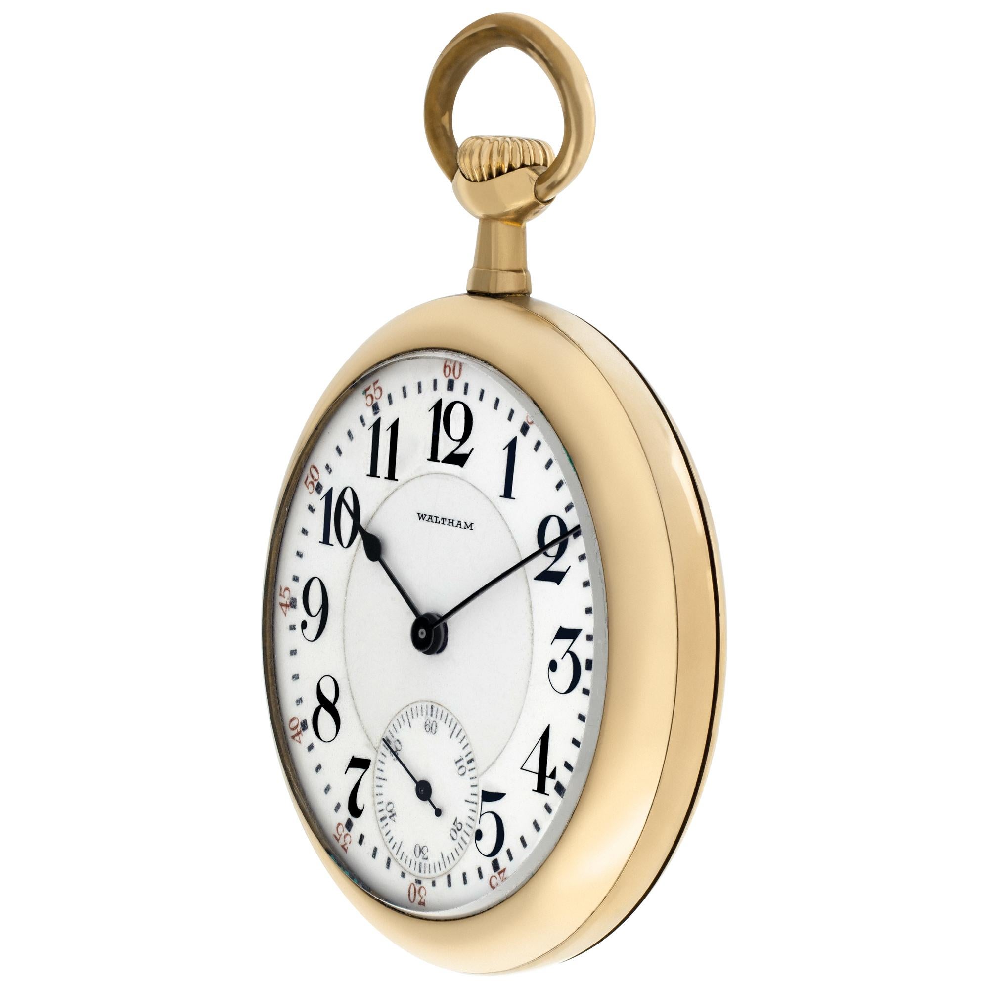 Waltham pocket watch with 20 year gold filled case. Triple sunk white dial with Arabic numerals and sub-seconds. 16 size. 19 jewel manual wind Riverside movement. 50 mm case size. Circa 1900's Fine Pre-owned Waltham Watch.

 Certified preowned