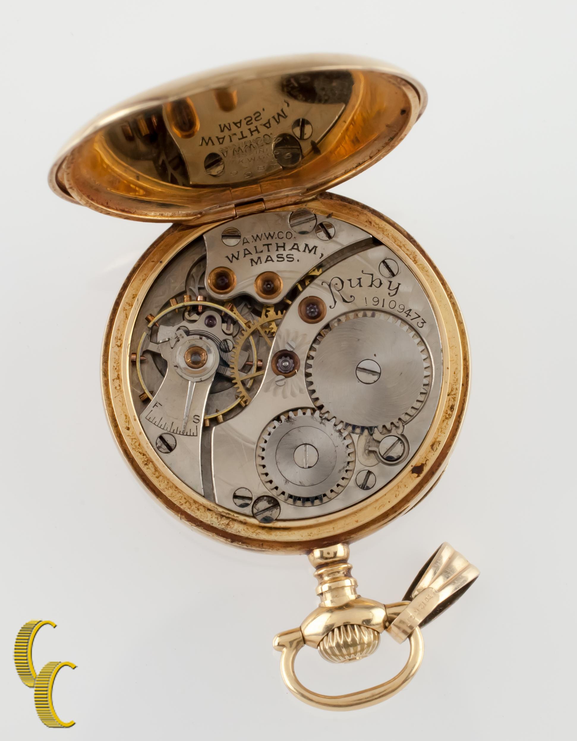 Beautiful Antique Waltham Pocket Watch w/ White Dial Including Black Hands & Dedicated Second Dial
14K Yellow Gold Case w/ Open Face Dial 
Black Script Numerals
Case Serial # 4999886
17-Jewel Waltham Movement Serial # 19109473
Grade # Ruby
Year of