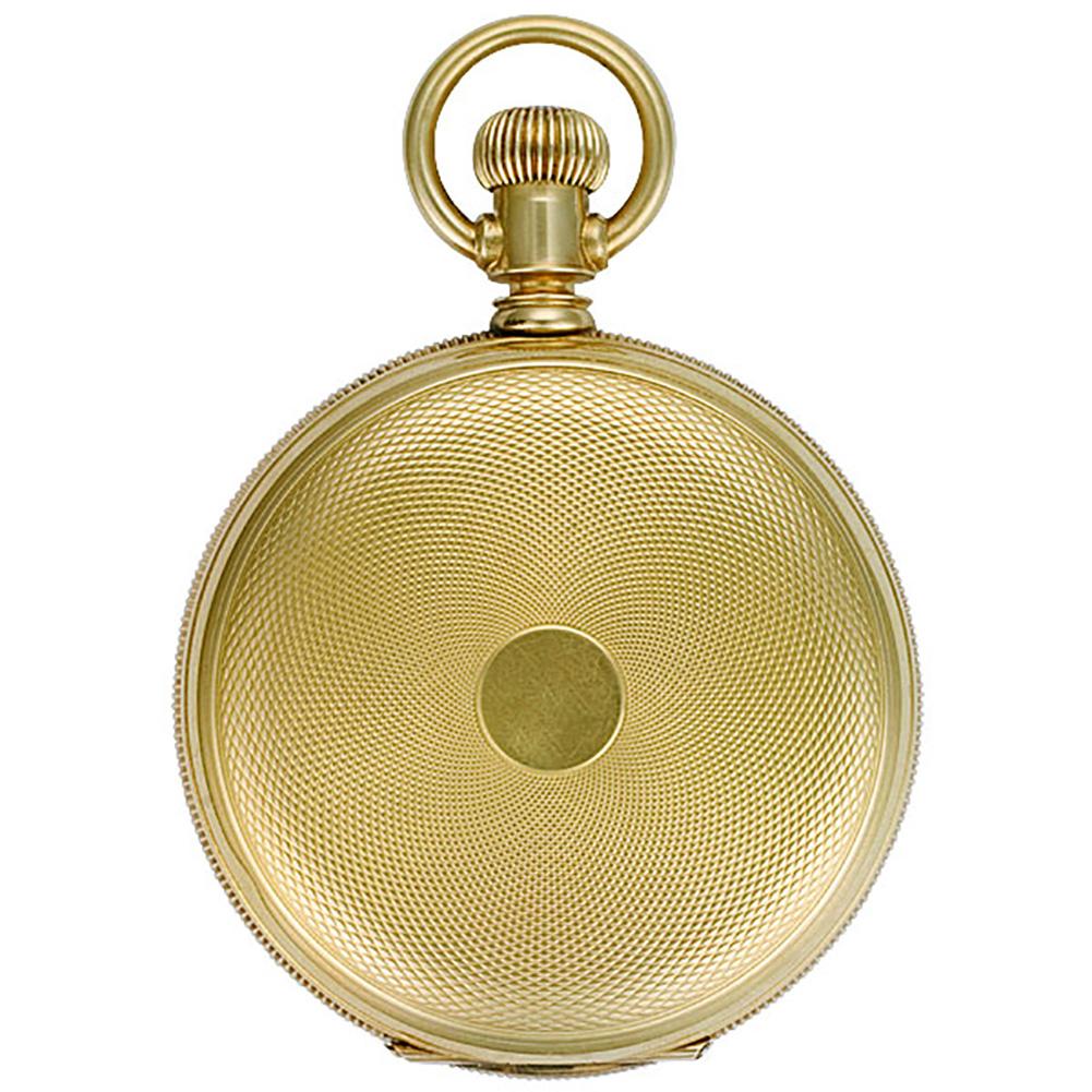 Waltham hunter case pocket watch 13 jewels, enamel dial and  spade hands in 18k yellow gold. Manual wind Riverside movement with subseconds. 48mm. Circa 1900's. Fine Pre-owned Waltham Watch.   Certified preowned Waltham pocket watch watch is made