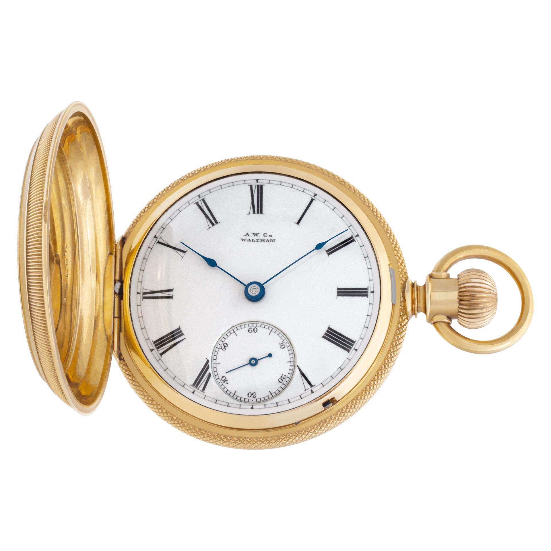 Waltham Hunter Case Pocket watch  in 14k. Manual w/ subseconds. 53.3 mm case size. Ref 1,472009. Fine Pre-owned Waltham Watch.   Certified preowned Vintage Waltham Hunt Case 1,472009 watch is made out of yellow gold. This Waltham watch has a 53  x