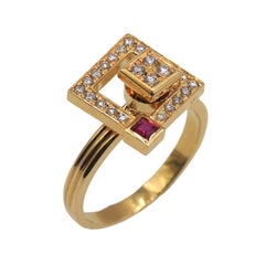 Waltham K18 Yellow Gold Diamond and Ruby Geometric Ring