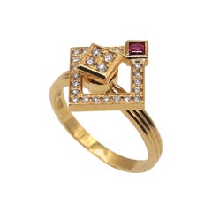 Waltham K18 Yellow Gold Diamond and Ruby Geometric Ring