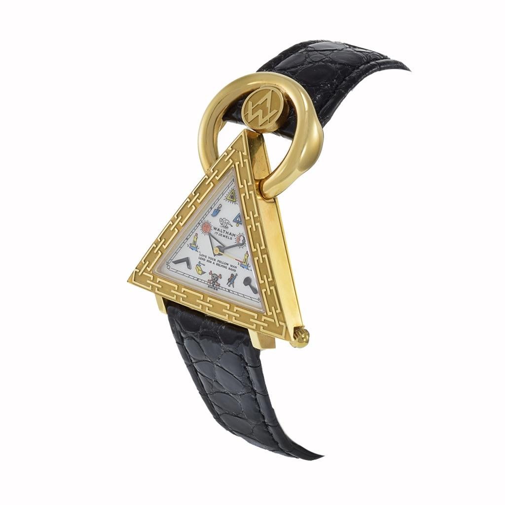 Rétro Waltham Masonic Montre en or jaune 18 carats avec cadran perlé en vente