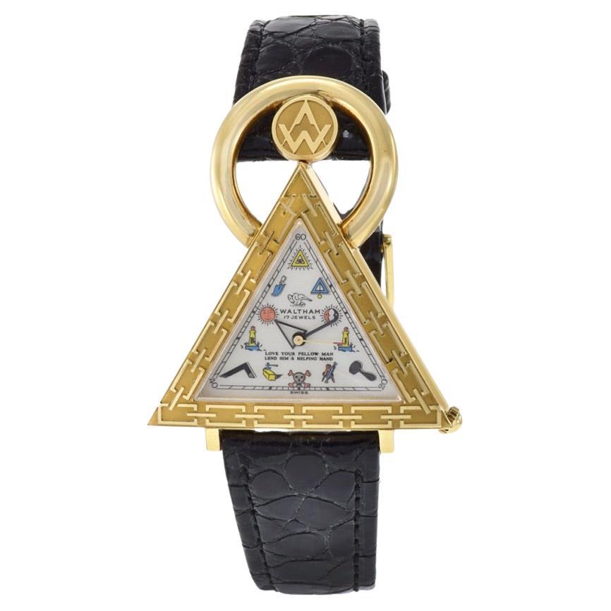 Waltham Masonic Watch 18K Yellow Gold Pearlized Dial For Sale