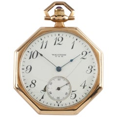 Waltham Octagon Antique 14 Karat Open Face Pocket Watch Gr 225 12S 17 Jewel