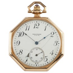 Achteckige antike 14 Karat Open Face Taschenuhr von Waltham Gr 225 17 Juwel