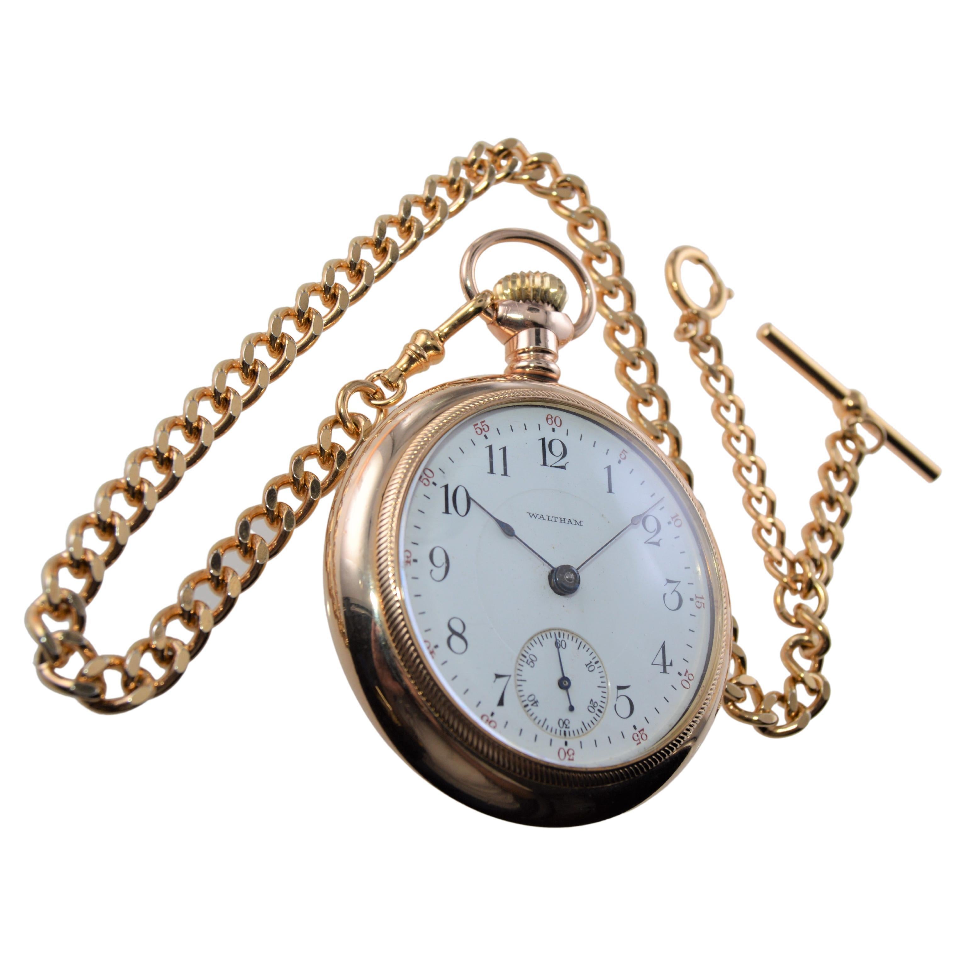 FACTORY / HOUSE: Waltham Watch Company
STYLE / REFERENCE: Open Faced Pocket Watch
METAL / MATERIAL: Yellow Gold Filled
CIRCA / YEAR: 1934
DIMENSIONS / SIZE: Diameter 15mm 
MOVEMENT / CALIBER: Manual Winding / 15 Jewels 
DIAL / HANDS: Kiln Fired