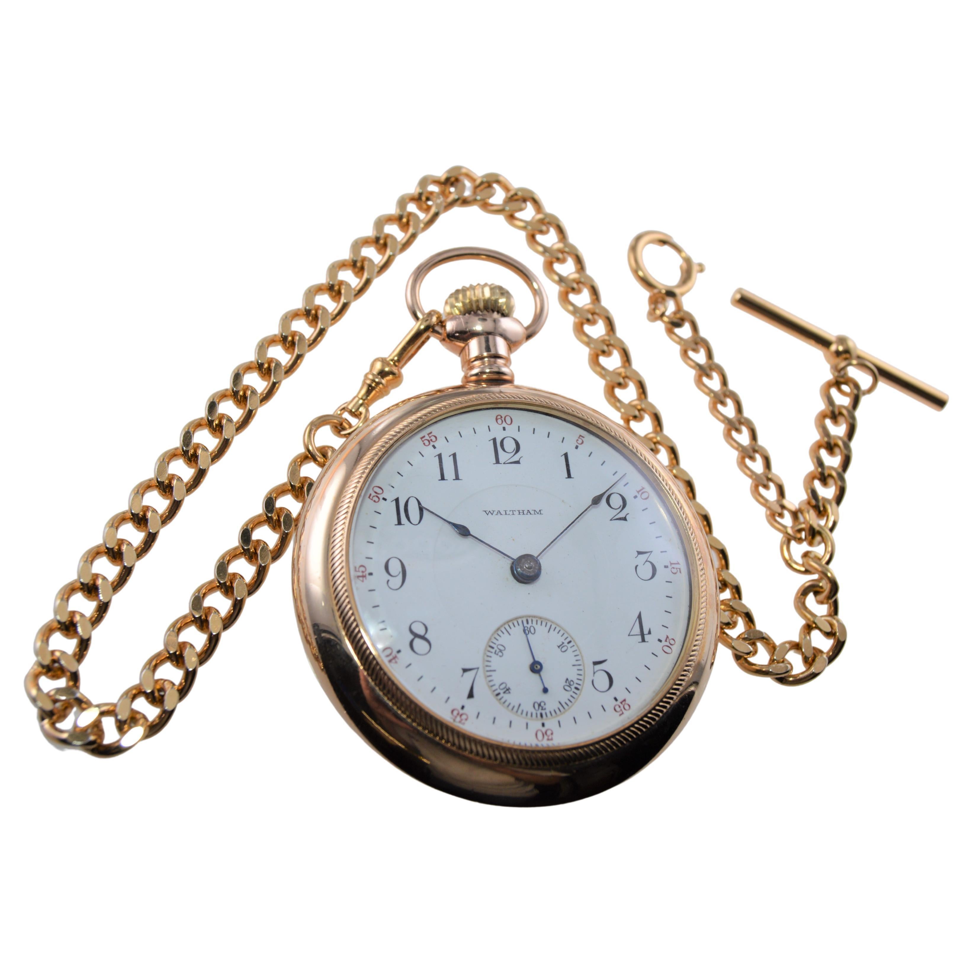 Waltham Open Faced American Pocket Watch with Period Watch Chain from 1934 For Sale