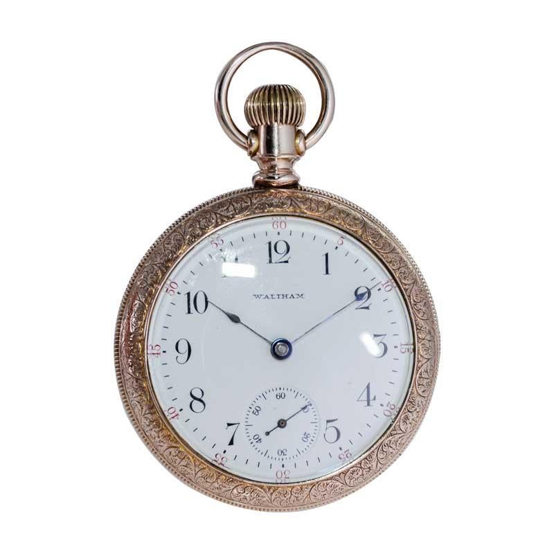 Waltham Open Faced Gold Filled Pocket Watch Flawless Kiln Fired Enamel Dial 1892 In Excellent Condition For Sale In Long Beach, CA