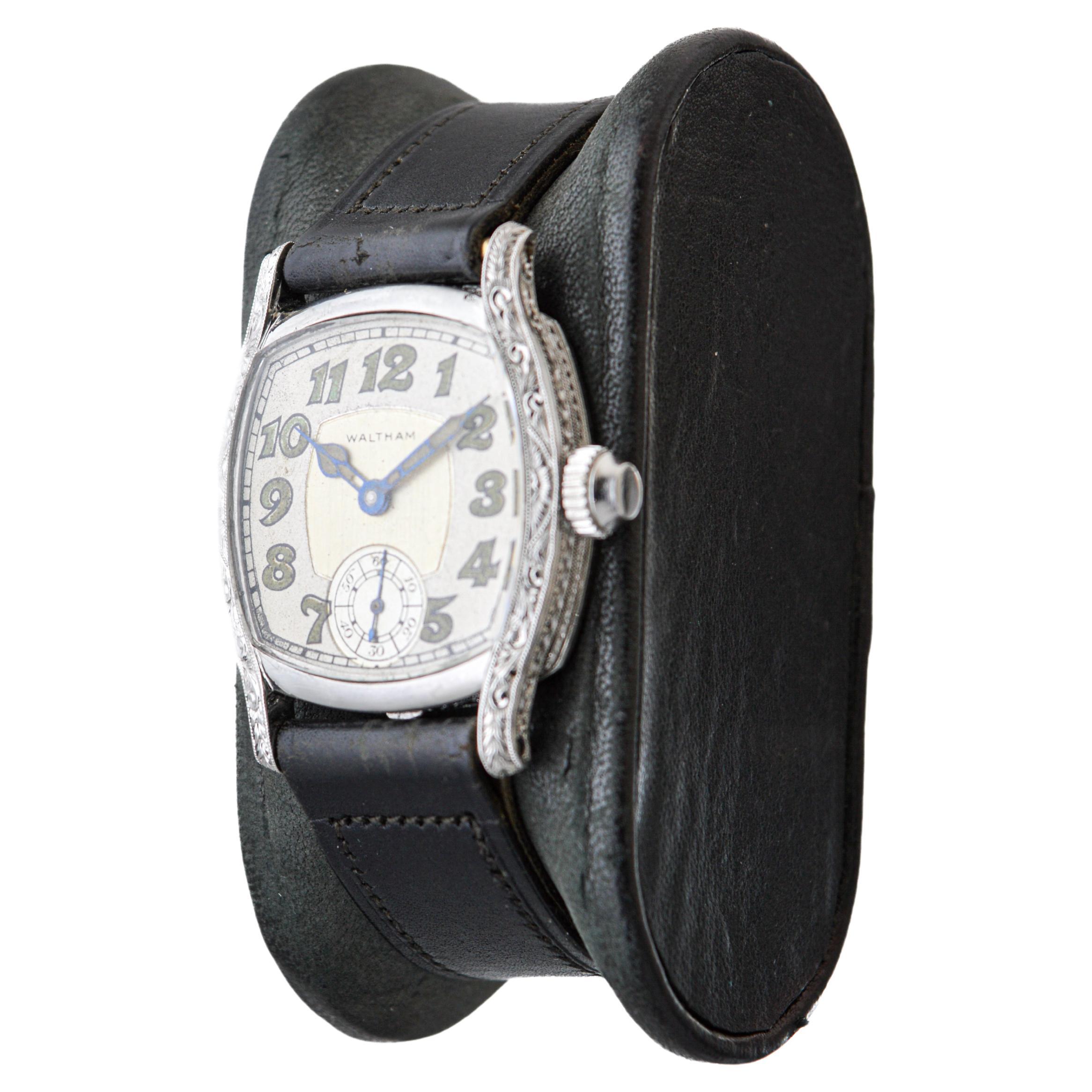 Waltham Platinum Art Deco Cushion Shaped Watch circa, 1934 with Original Dial  In Excellent Condition For Sale In Long Beach, CA