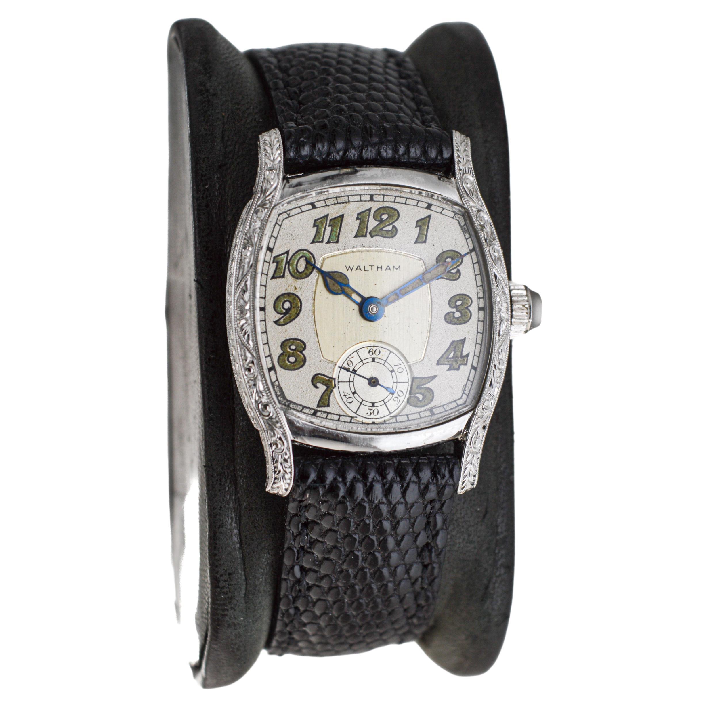 Women's or Men's Waltham Platinum Art Deco Cushion Shaped Watch circa, 1934 with Original Dial  For Sale