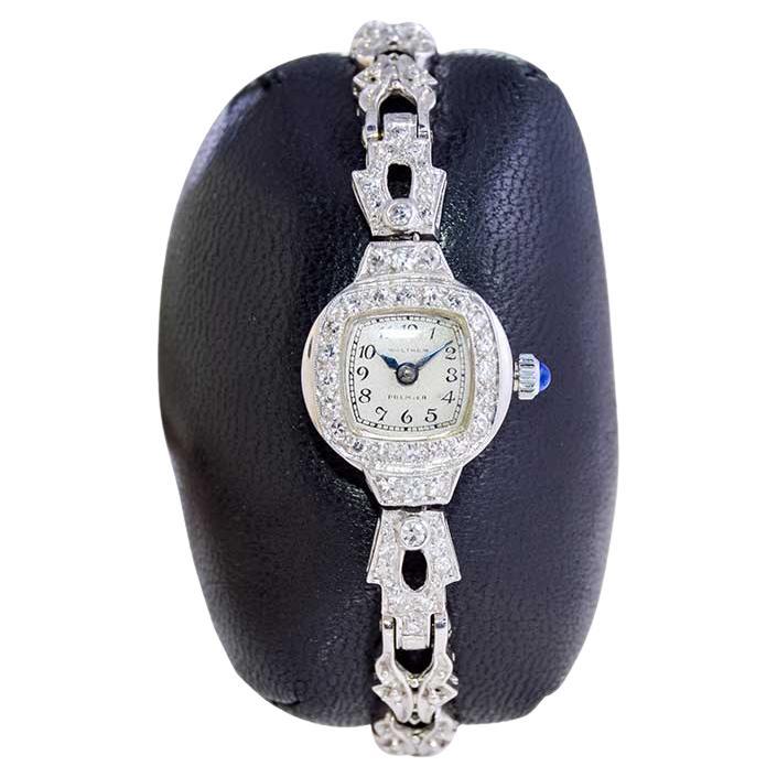 Waltham Platinum Art Deco Diamond Watch w/ 14 Karat, White Gold Bracelet 1940's