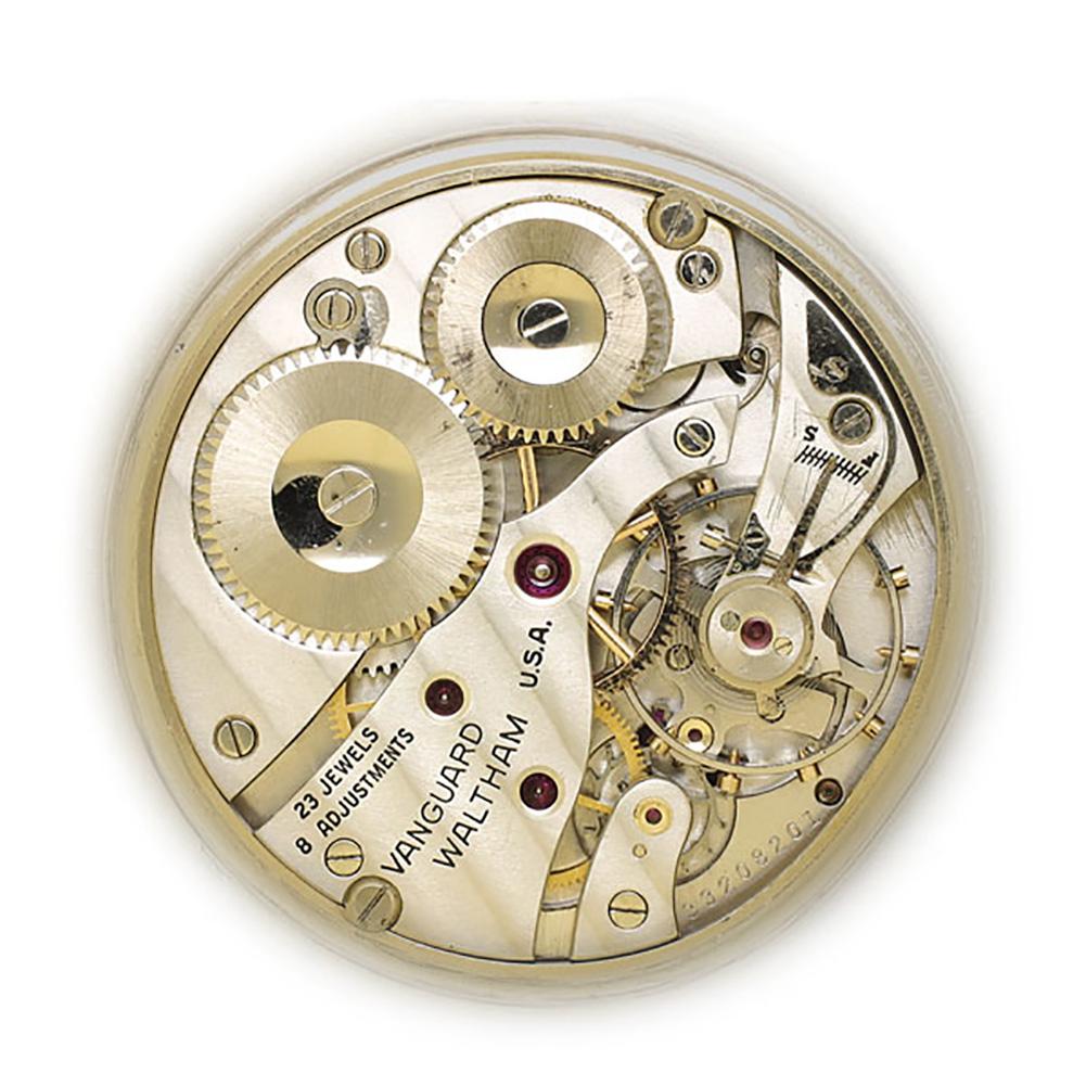 Waltham Vangaurd Pocket Watch in 10k gold filled case; 23 Jewel movement with rare 8-position adjustment. Railroad watch circa 1948 in Waltham gold-filled keystone case. Original untouched dial. Size 16. Fine Pre-owned Waltham Watch.

Certified