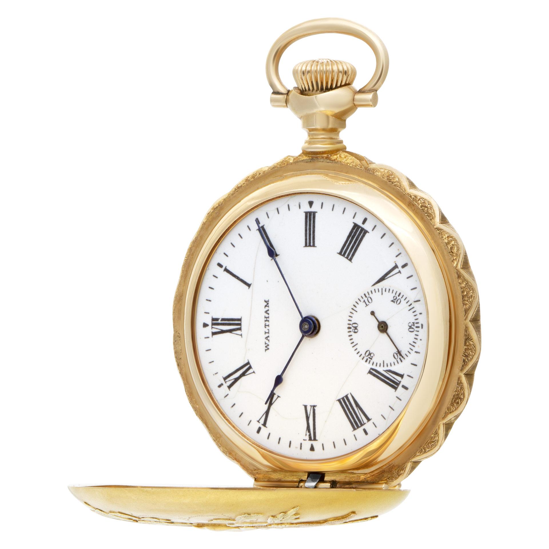 Waltham hunter case pocket watch in 14k yellow, rose and green gold. Decorative high relief pink and yellow floral embellishments on both sides of the case. Scalloped edge design hunter case. 35mm case diameter (0 size). Manual wind 15 jewel