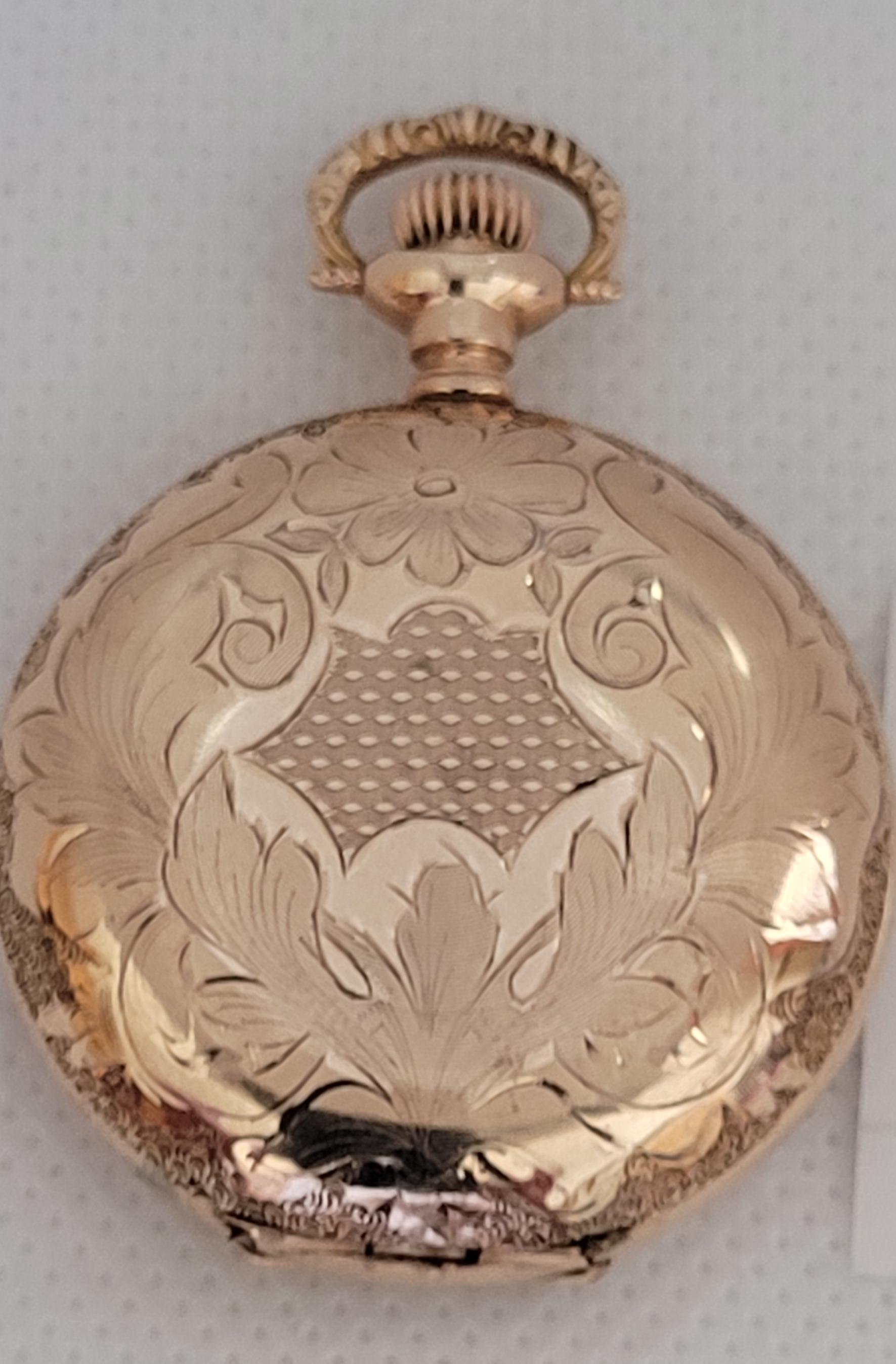 Vintage Waltham pocket watch that was made in 1907. The Fahy's case is gold plated, 35mm, and very good condition. The movement is working, 15 jewels, with serial number #16360616. 

Manufacturer:	Waltham	
Manufacturer Location:	Waltham,