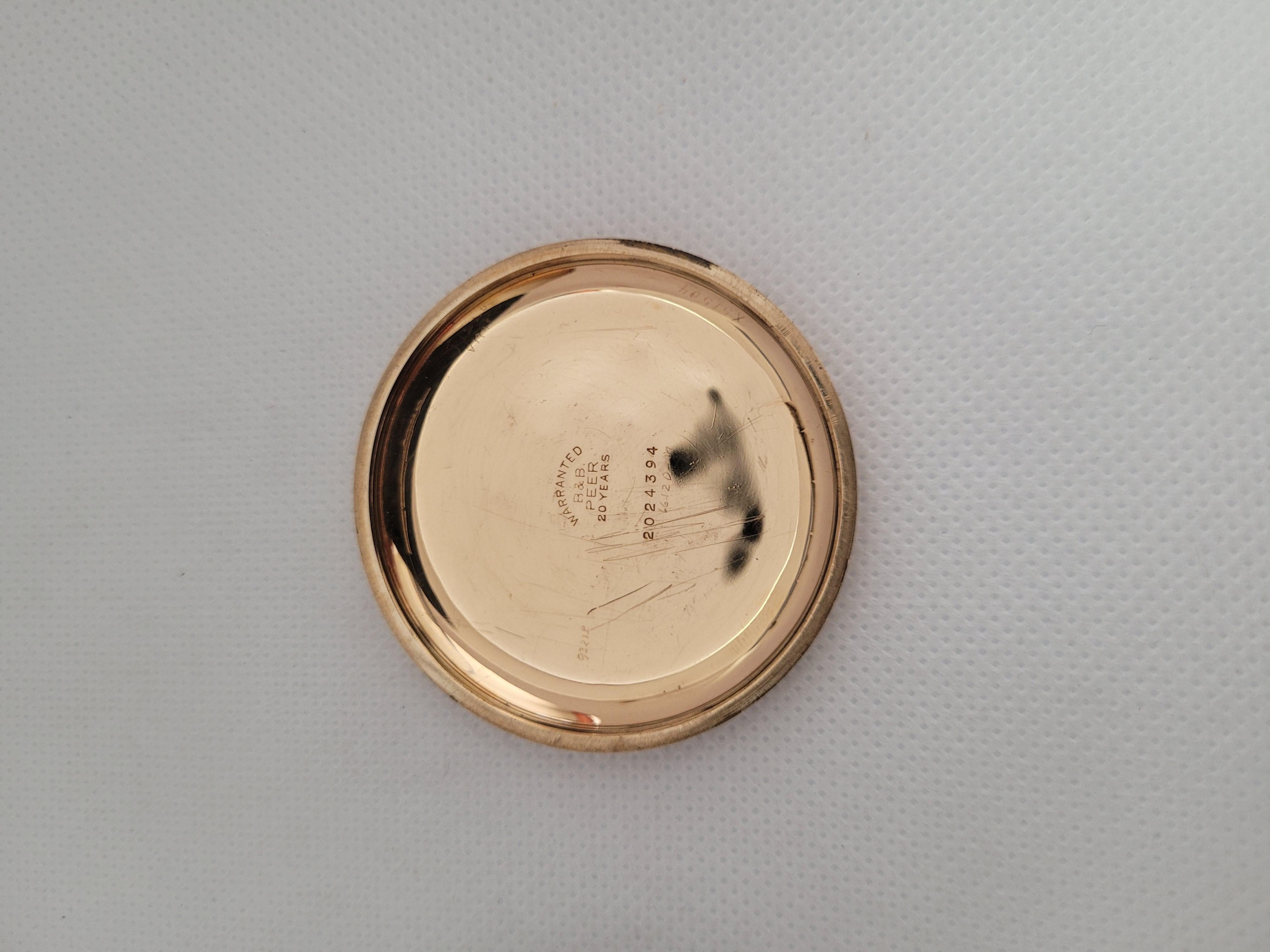 Waltham pocket watch gold plated, the year 1908. The case is in very good condition with minor wear; 50mm in diameter and 13mm thick. The case has a very clean glass crystal with a white face. The movement is in working condition, 7 jewels, and