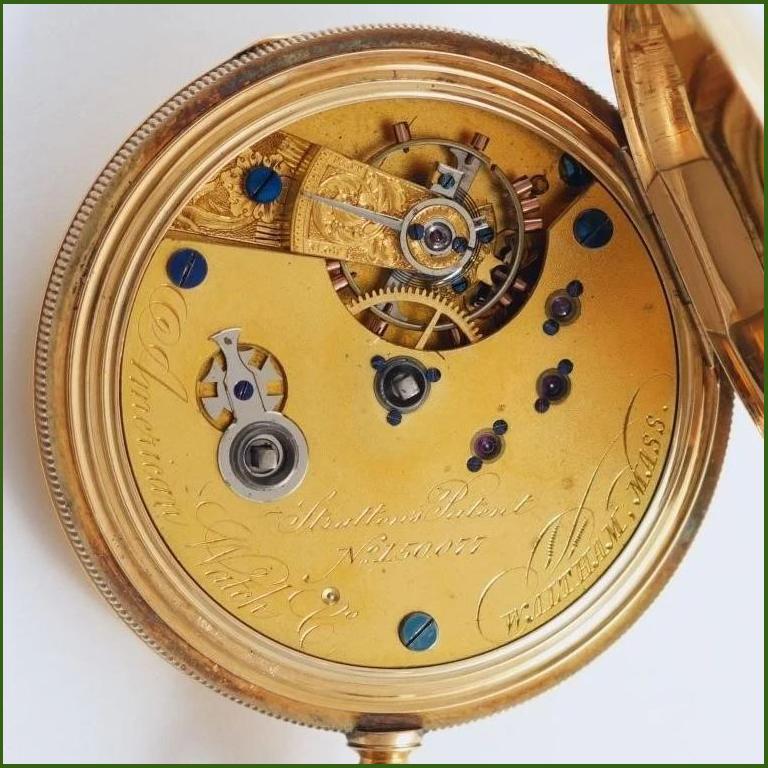 Waltham Presidential Presentation Model 1862 18K Yellow Gold Pocket Watch - Manual winding; 15 Jewels. heavy 18K gold original P.B. HC with black enameled nautical lifesaving scene to front, rear with black, blue, and red enameled U.S. Presidential
