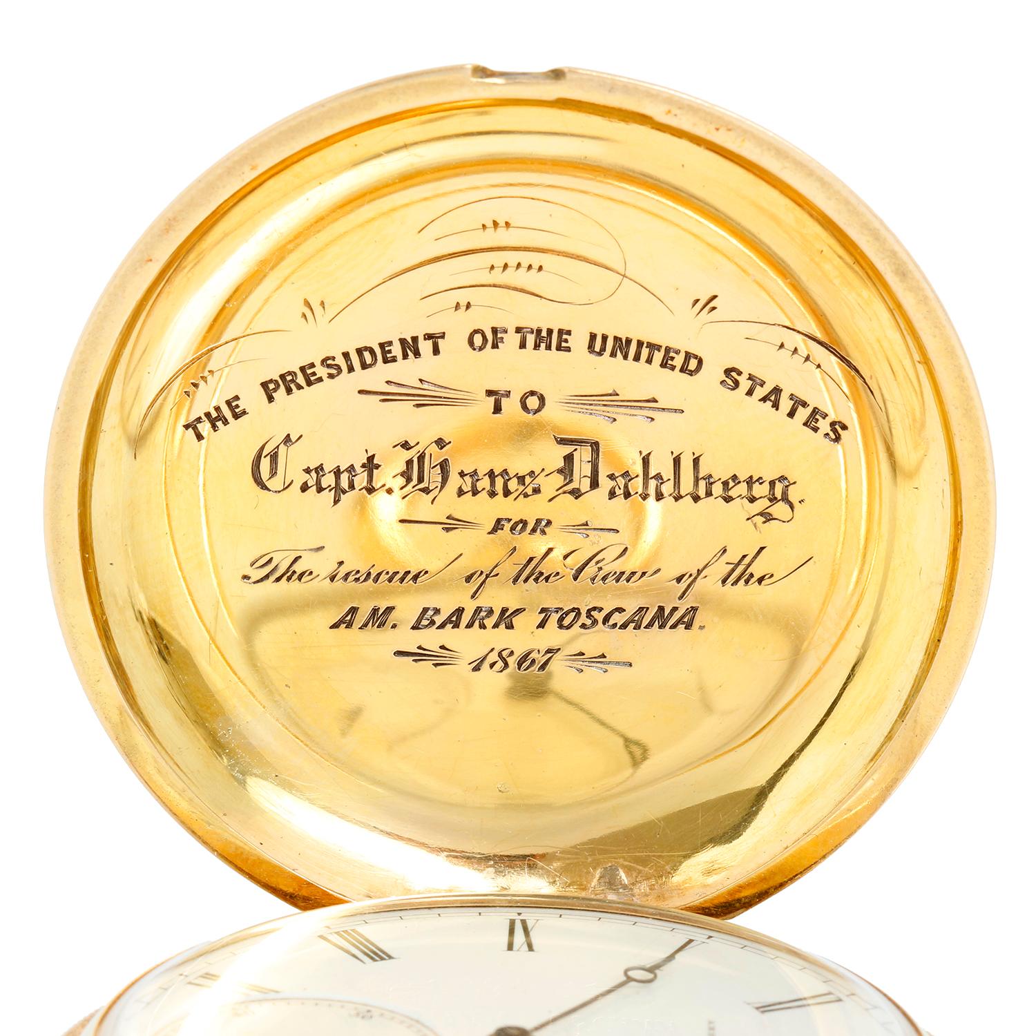 Waltham Presidential Presentation Model 1862 18K Yellow Gold Pocket Watch - Manual winding; 19 Jewels. heavy 18K gold original P.B. HC with black enameled nautical lifesaving scene to front, rear with black, blue, and red enameled U.S. Presidential
