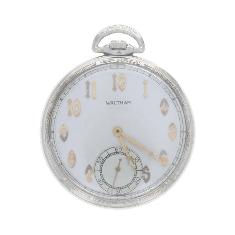Marke: Waltham
Modell: Riverside A
Bewegung: Manuell
Anzahl der Juwelen: 21
Garantie: Ein Jahr
Jahr: 1919
Zifferblattfarbe: Silber

Metallgehalt: 14k Weißgold & 14k Gelbgold

Stil: Offenes Gesicht
Merkmale: 
Ziffern, die die Stunden markieren