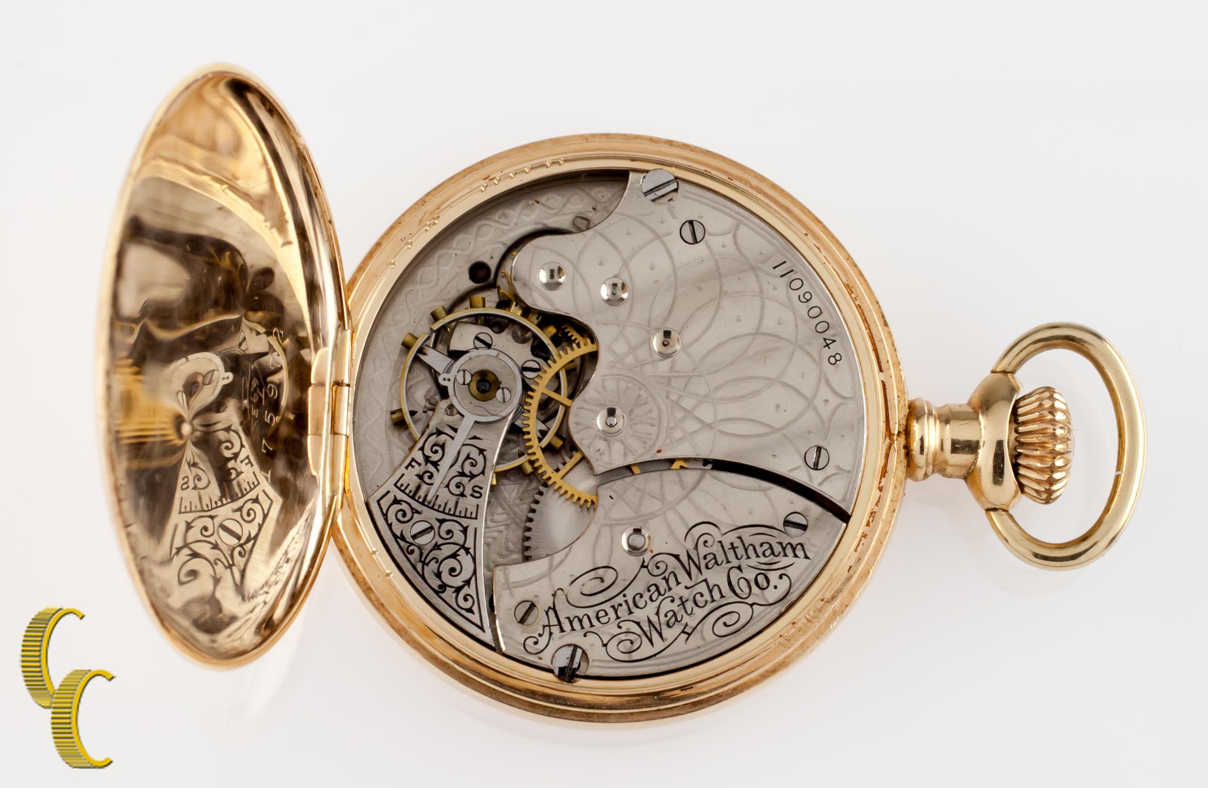 Beautiful Antique Waltham Pocket Watch w/ White Dial Including Cobalt Blue Hands & Dedicated Second Dial
14k Yellow Gold Case w/ Unique Flush-Set Diamond Accents in Hand-Etched Design
Black Arabic Numerals
Case Serial #175972
7-Jewel Waltham