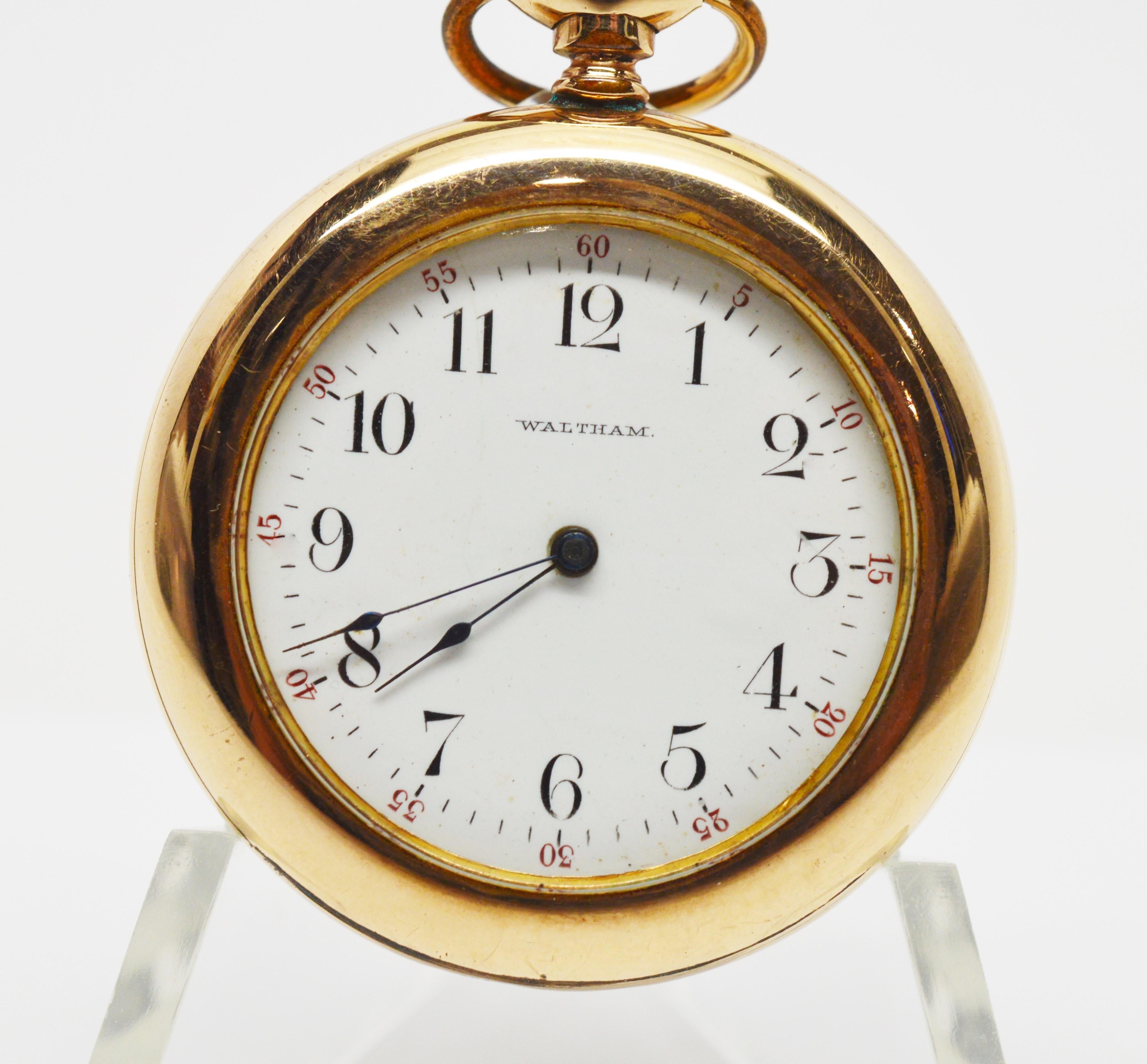 With an interesting display back to observe the gears of the movement, this circa 1899 Waltham Seaside Brass Pocket Watch is great find.
Has a white face and Arabic numerals. The case size is 45mm and the watch has a 7 jeweled movement with