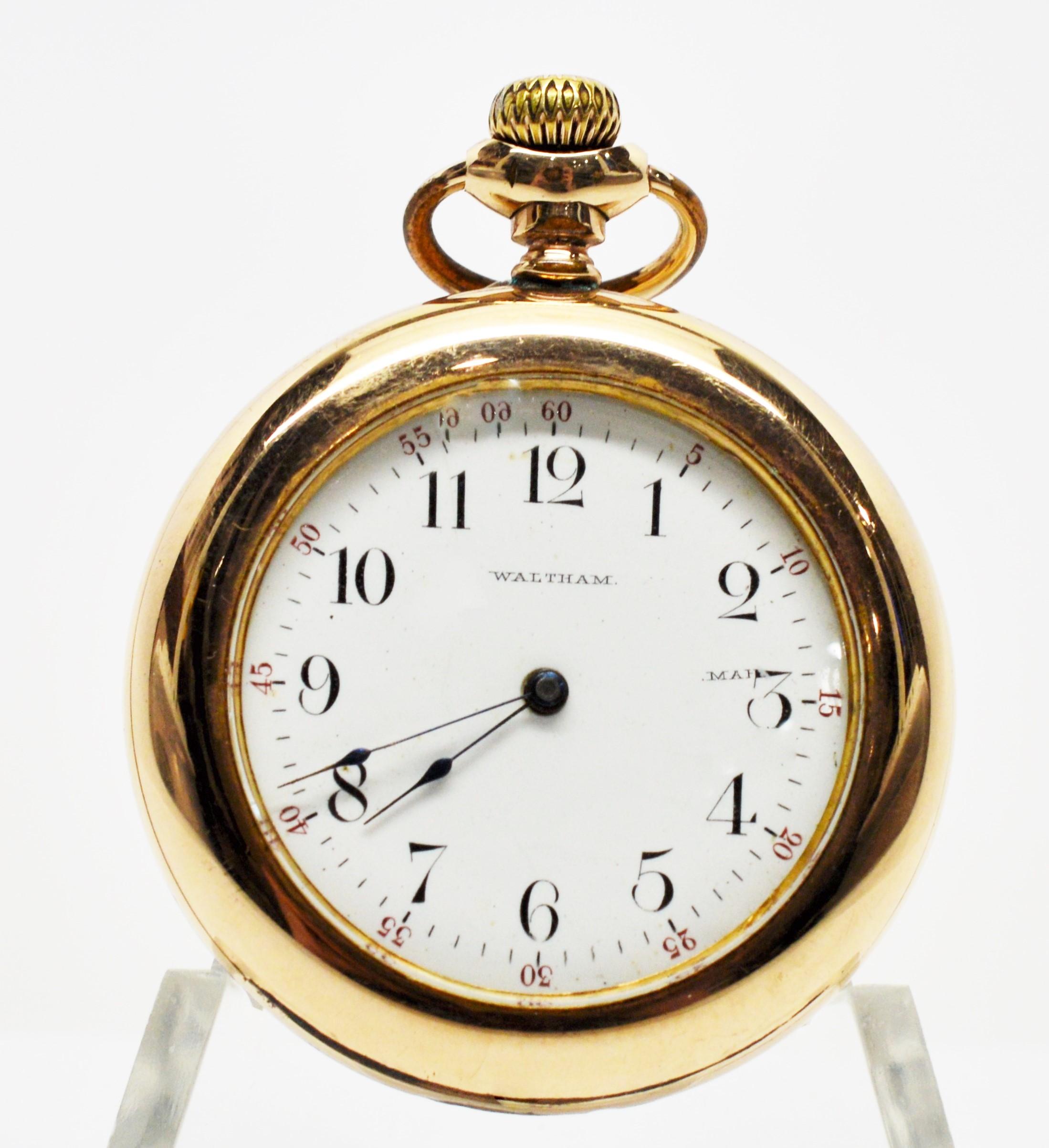 Waltham Seaside Display Back Brass Antique Pocket Watch In Excellent Condition In Mount Kisco, NY