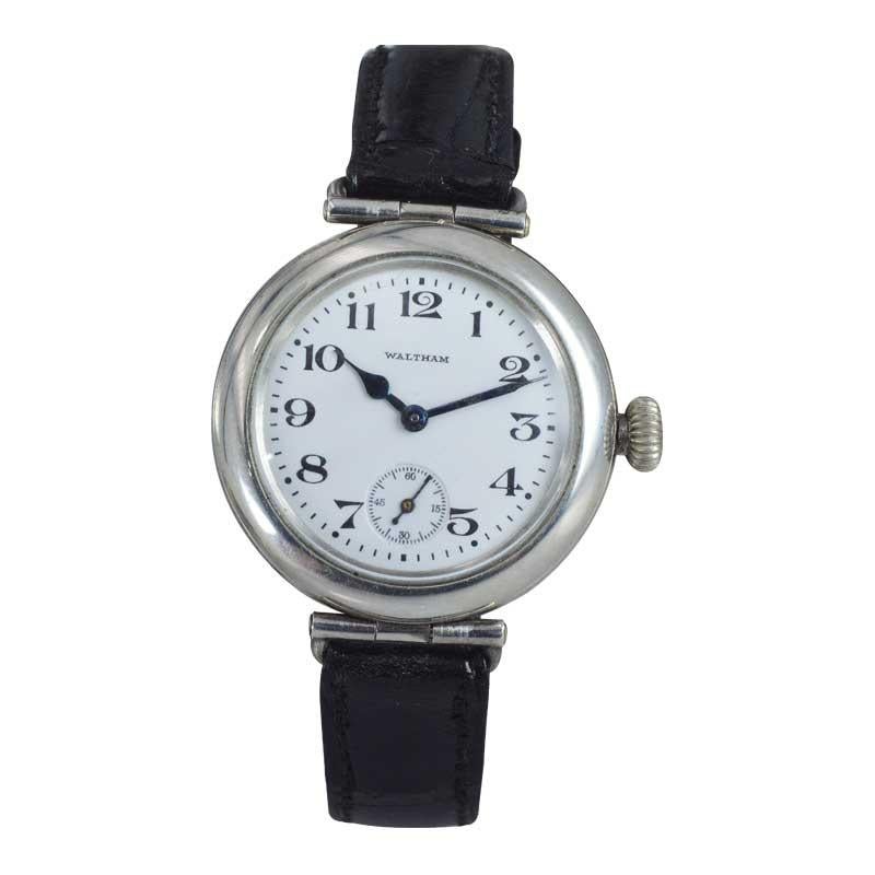 Victorian Waltham Silver Campaign Style Manual Wristwatch from 1918 with Enamel Dial