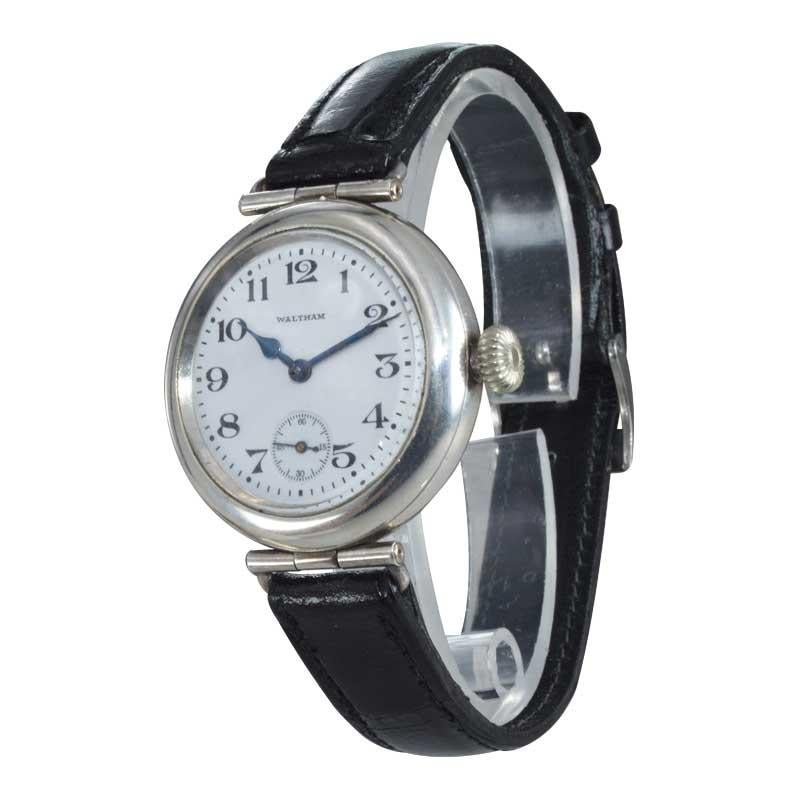 Victorian Waltham Silver Campaign Style Manual Wristwatch from 1918 with Enamel Dial For Sale